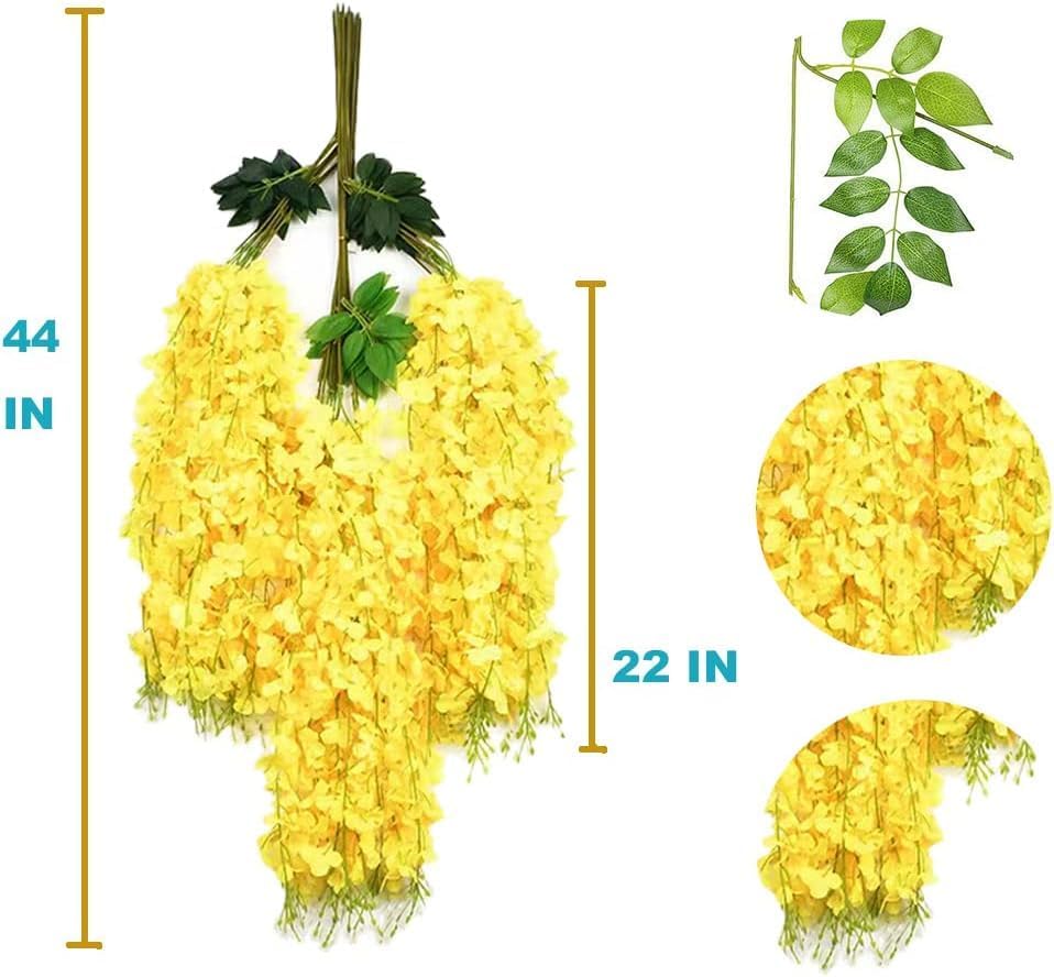 Image of 6 Pcs Artificial Polyester Hanging Flower Wisteria Vines Fake Flowers Vines for Home Party Wedding Garden Outdoor Greenery Decoration (6, Yellow)