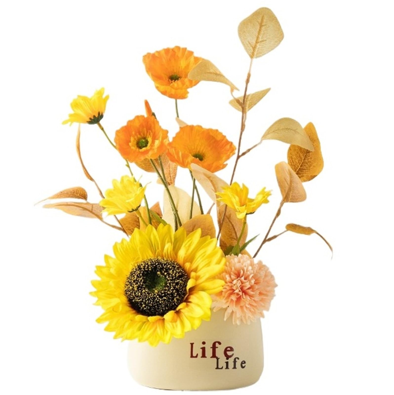 FORVEXILLA Artificial Sunflower Arrangement Ceramic Pot Fake Floral Ornament Decor Greenery