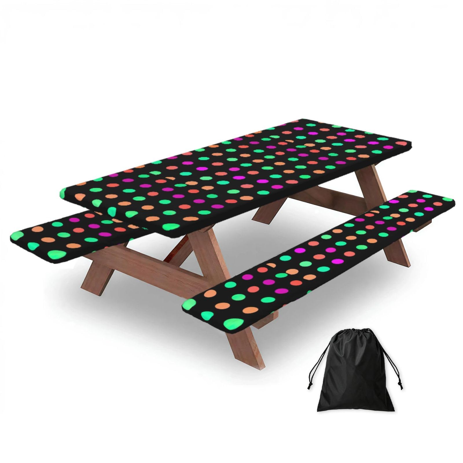 Yqxwjl Black Multicolor Polka Dots Print Camping Essentials Waterproof Camping Table And Bench Cover With Drawstring Bag 183 Cm