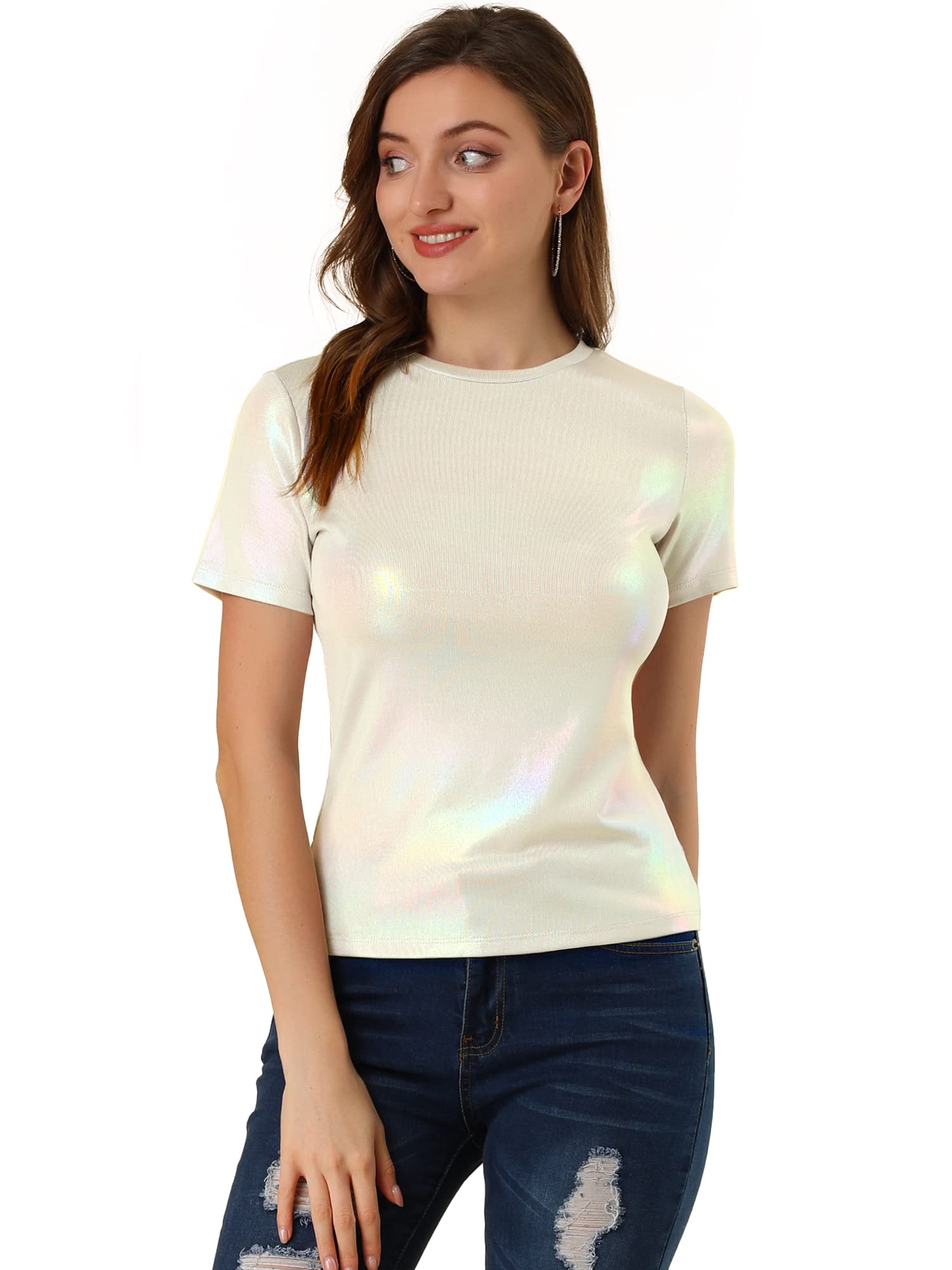 Allegra K Damen Weihnachten Sexy Metallic Party Top Outfit Festival Glitzer Kurzarm Rundhals T-Shirt Oberteil Bluse