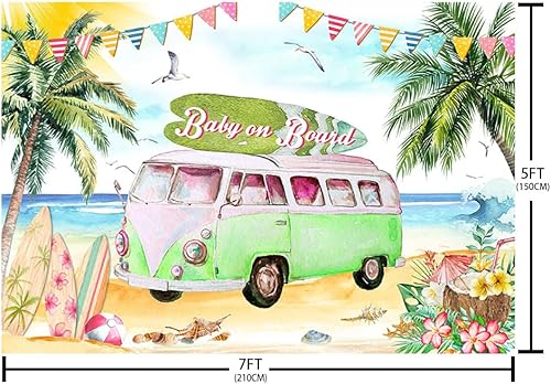 Miniatura 5 de Telón de fondo para baby shower de bebé a bordo de 7 x 5 pies para niña, verano, tropical, floral, mar, playa, baby shower, fotografía, fondo, surf,