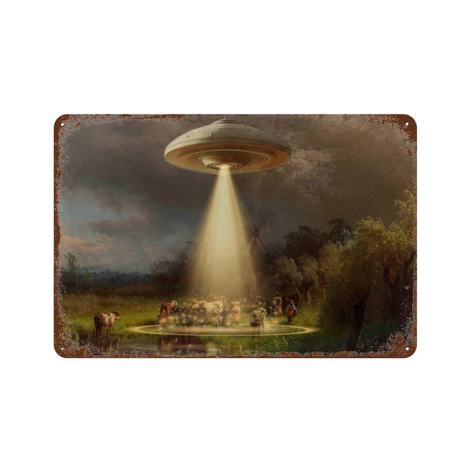 xiaoxiaoshen UFO-themed Cow Art, Alien Abduction, Spaceships, And Retro Fun. Wall Decor Art Metal Tin Poster Modern Home Decor Art Home Bar Shop Decorations Vintage Sign 20x30cm
