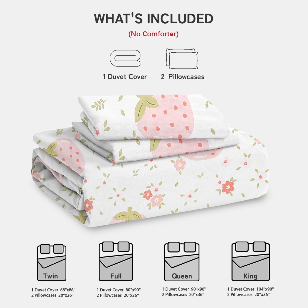 SOULZZZ White Pink Duvet Covers Queen Size - Pink Strawberry Bedding Queen Comforter Sets 3 PCS with Zipper Closure Duvet Cover & 2 Pillow Shams (No Comforter)