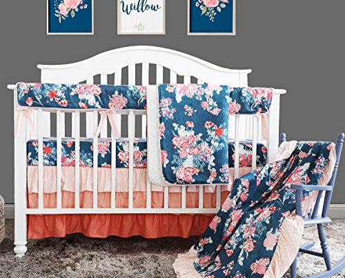 image for Sahaler Coral Navy Floral Baby Crib Bedding Set Minky Blanket Crib Rai