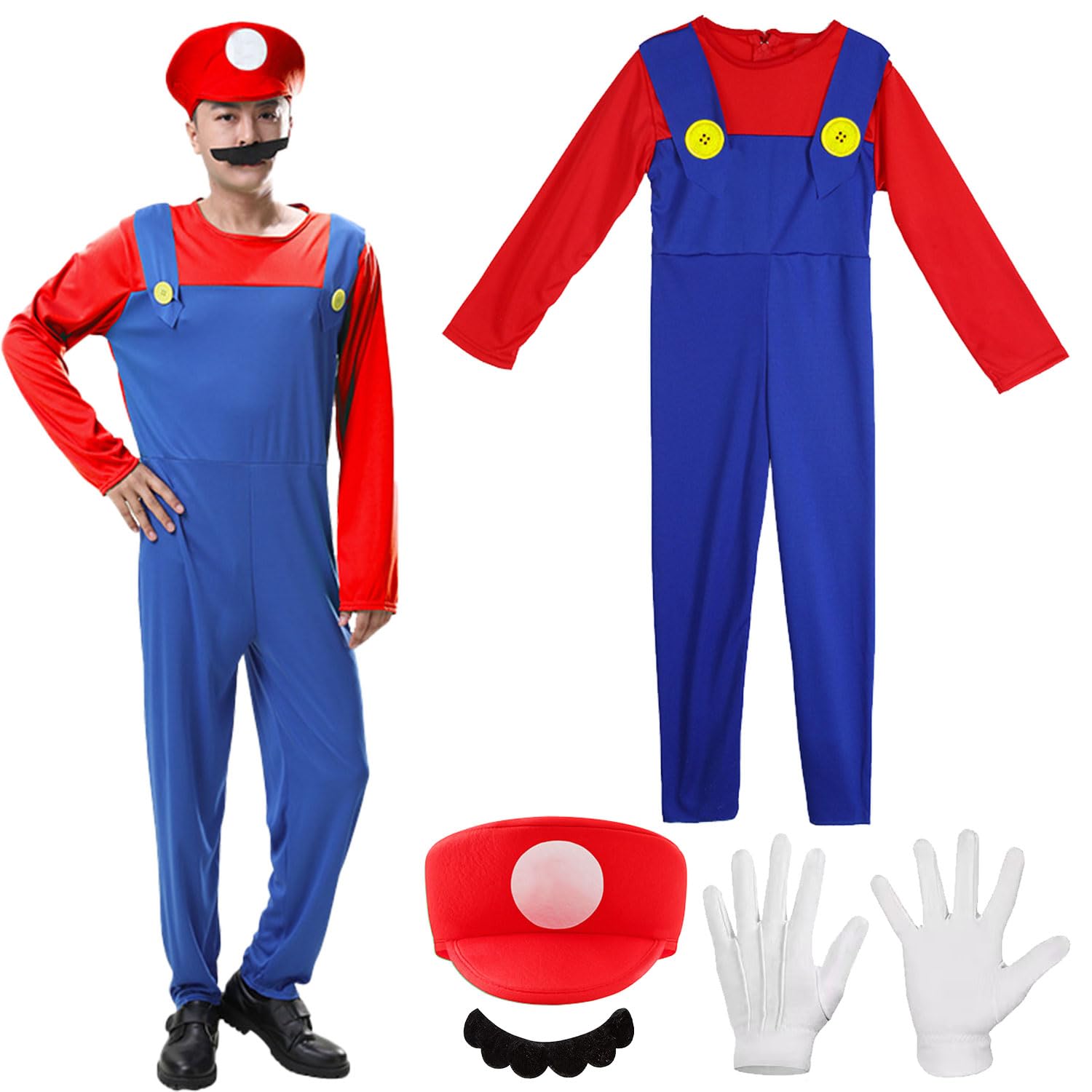 YeahBoom Mario Kostüm Luigi Kostüm Set,4 Stück Luigi Kostüme mit Mütze Bart Handschuhe,Super Bros Cosplay Kostüme,Männer Damen Erwachsene Outfit für Weihnachten Karneval Cosplay Faschingskostüme
