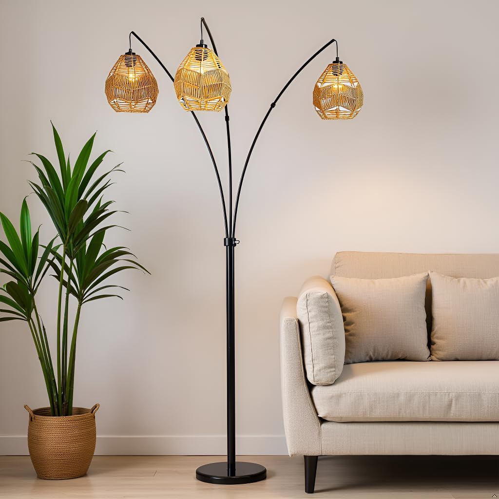 Maxax 76.5" Rattan Floor Lamps for Living Room, 3 Lights Arc Farmhouse Boho Floor Lamp for Bedroom, Tall Black Standing Reading Lamp with Woven Rattan Lampshade and Marble Base Decor, Adjustable
