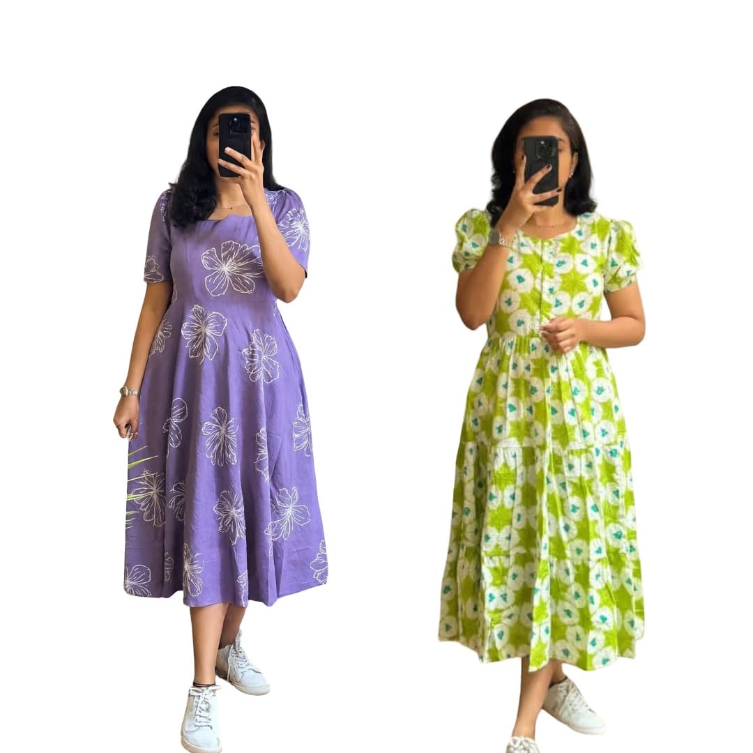 Women’s Rayon Printed Midi Dress Combo Pack of 2 | Floral A-Line Western Dress for Women | Puff Sleeve Casual Summer One Piece Dress | Comfortable Fit | Sizes S to XXL-picture-10