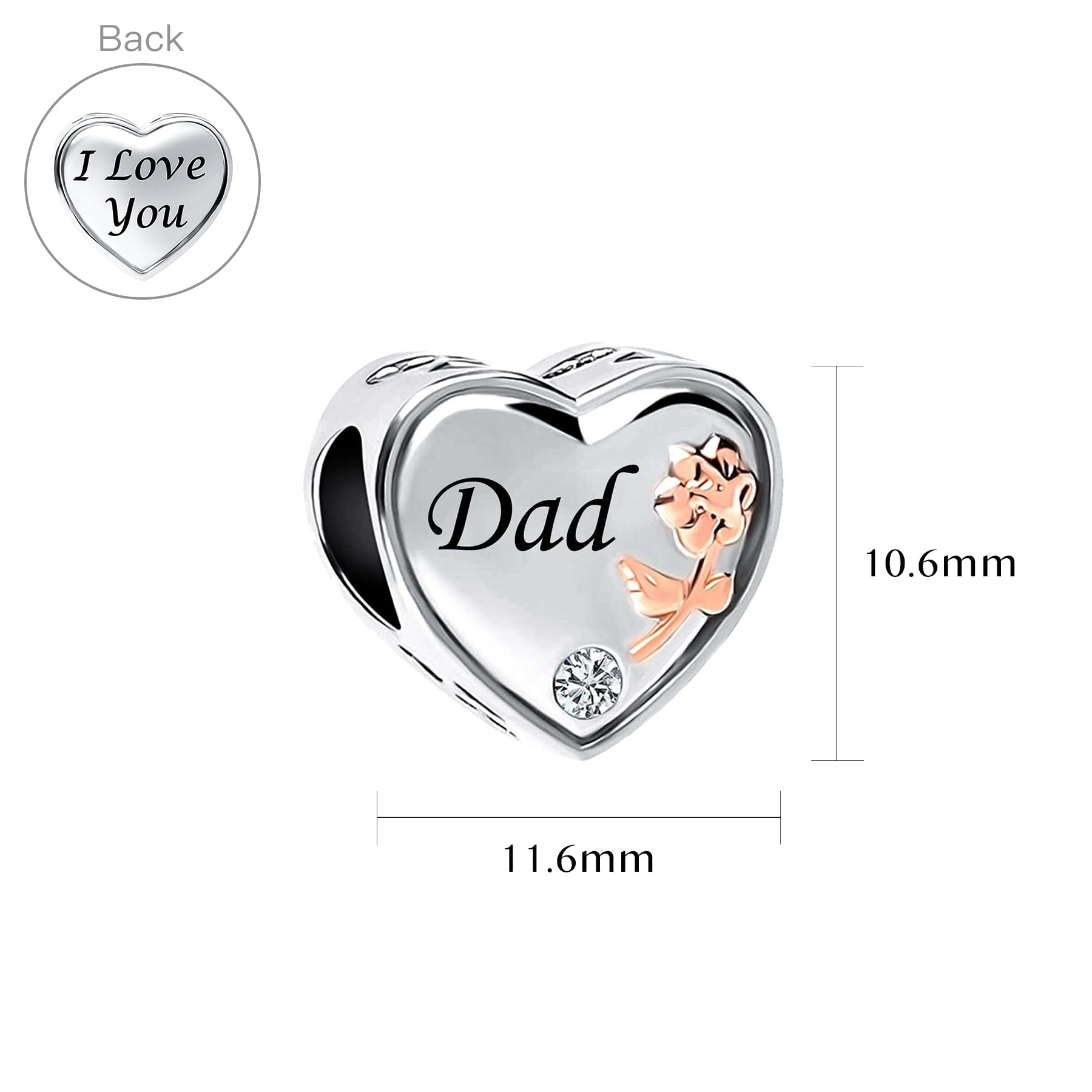 FGT Charm per ragazze e donne, per bracciali, collane, ciondoli, compatibile con braccialetti Pandora, in oro rosa, cuore, argento, regalo per papà, figlio, famiglia, nonno, mamma, sorella, anniversario, compleanno