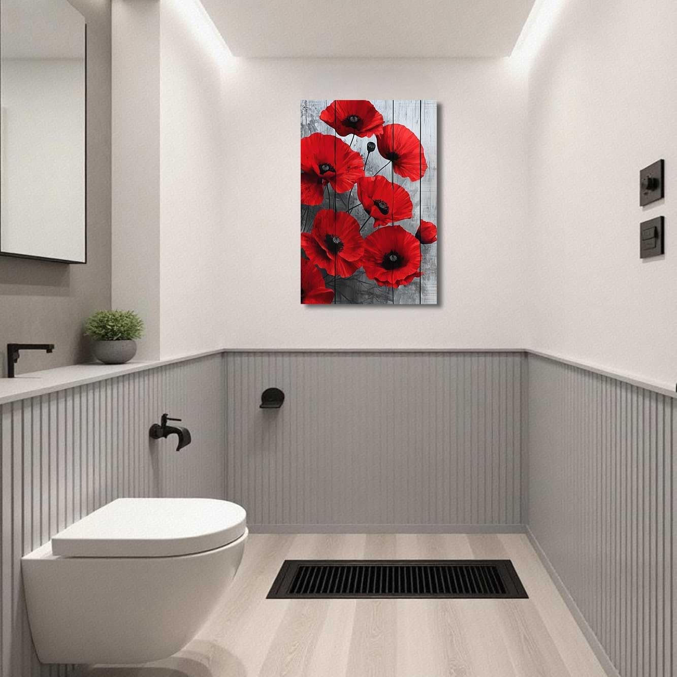 BJYCHG Red Poppies Wall Art Poppy Floral Picture Prints Black White Gray Bathroom Decor Vintage Rustic Flower Field Canvas Paintings for Dining Room Kitchen Bedroom (Black, (18L x 12W))