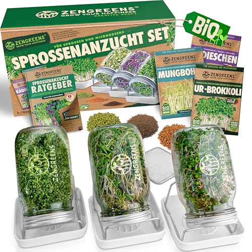 zengreens Bio Sprossen Anzuchtset Sprossenglas 1er 2er oder 3er Set Enthält Keimglas Anzuchtschale und Sprossensamen inkl. 50-seitigem Ratgeber und 10-teiligem Online Videokurs
