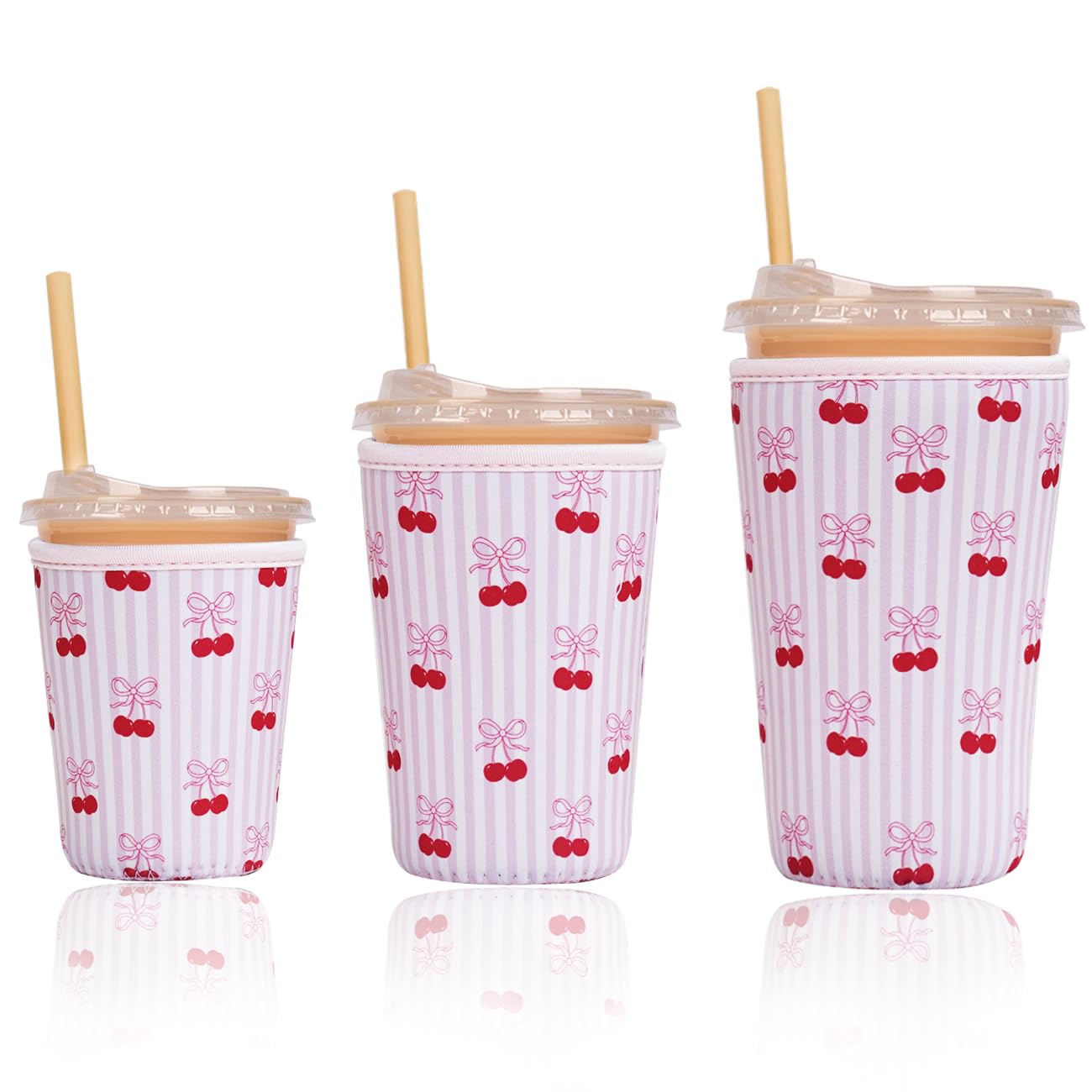 Reusable Insulated Sleeve for Iced Coffee Cup, 3-Pack Coffee Neoprene Drink Sleeve for Cold &amp; Hot Drinks, Beverage Holder for Iced Coffee (Pink Striped Cherries)