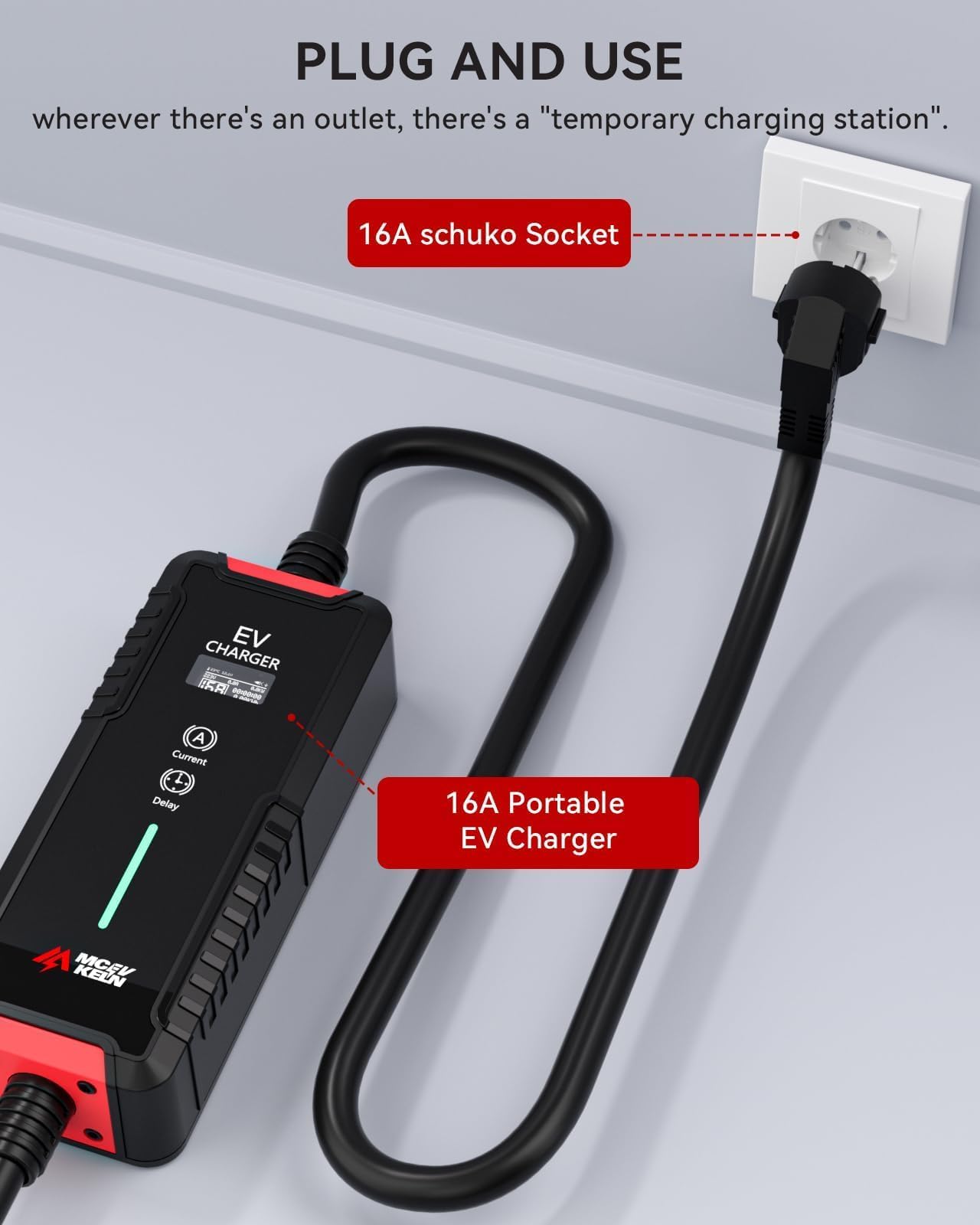 MCEVKELN Cavo di ricarica Schuko tipo 2, 3,6 kW, 12 m, caricabatterie EV tipo 2 Schuko, corrente commutabile 6 A/8 A/10 A/13 A/16 A, monofase, IP65, 12 m, modalità 3, cavo di ricarica per auto