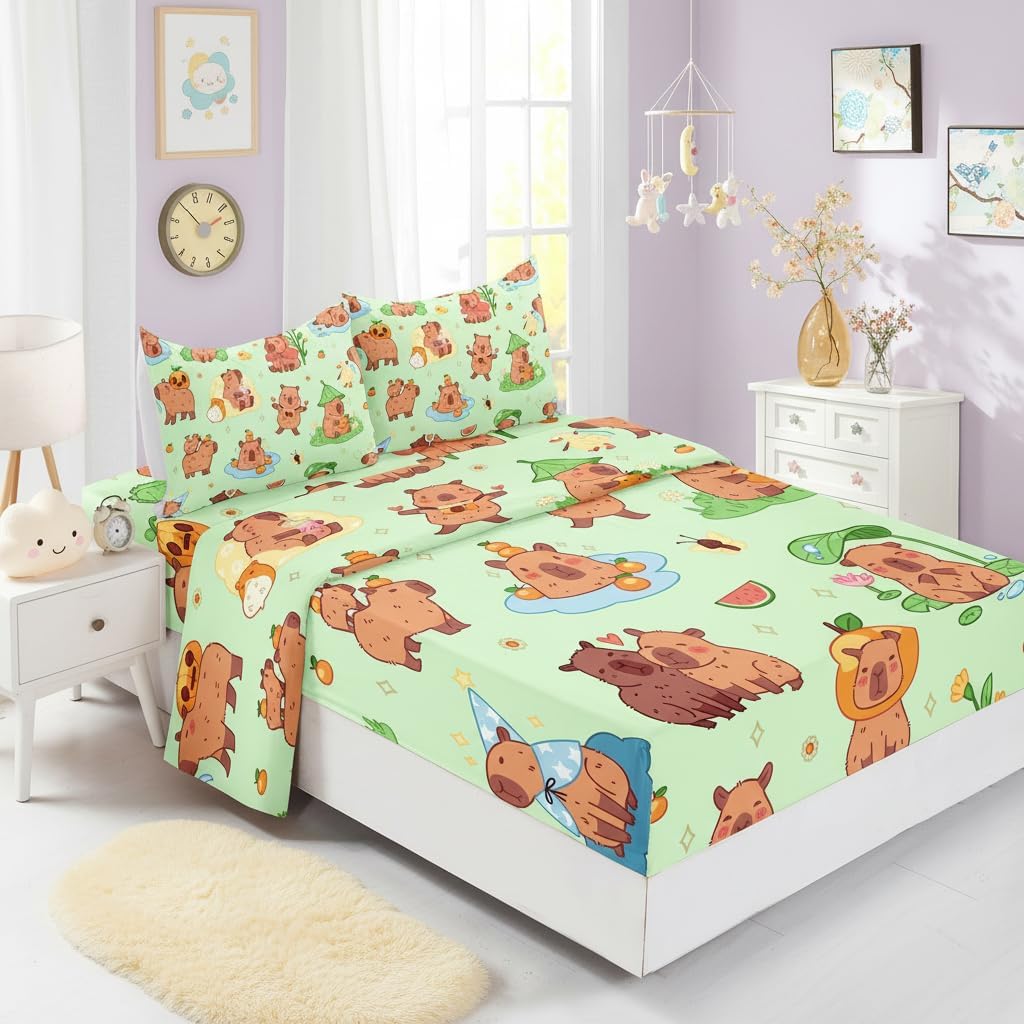 AILONEN Kawaii Capybara Fitted Sheet Set Twin Size, Boys Girls Cartoon Cute Capybara Bedding Set for Kids Teens,Grass Green Bed Sheet Set,4Pcs,1 Flat Sheet + 1 Fitted Sheet + 2 Pillowcases