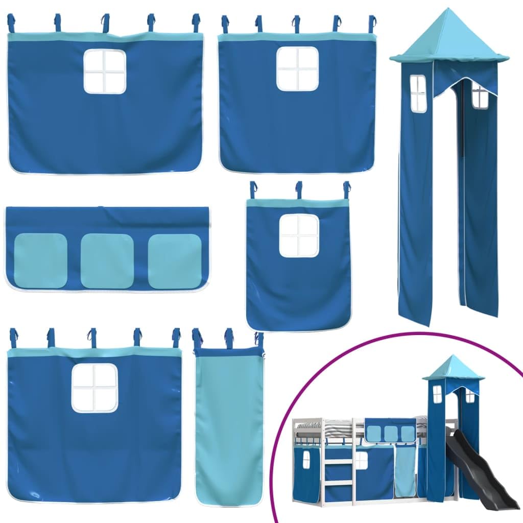 Litera infantil con tobogán, cortinas, 90 x 200 cm, madera maciza de pino, color blanco y azul, cama de juegos, para habitación infantil a partir de 6 años