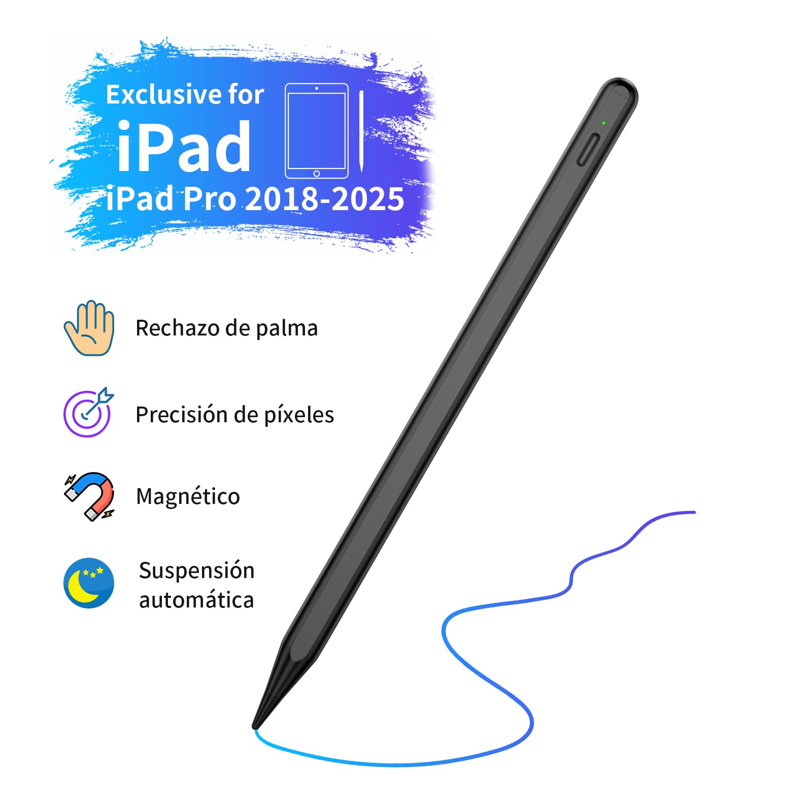 Lápiz para Apple iPad 2018-2025, Carga Rápida 15 Min, Compatible con iPad 6/7/8/9/10/11, iPad Air 3/4/5, iPad Pro 11/12.9/13, iPad Mini 5/6, Rechazo de Palma, Precisión de Píxel