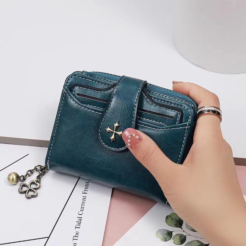 Small Vintage Genuine Leather Wallet for Women Bifold Zip Coin Pocket Goth Style Mini Purse Red (Blue)2