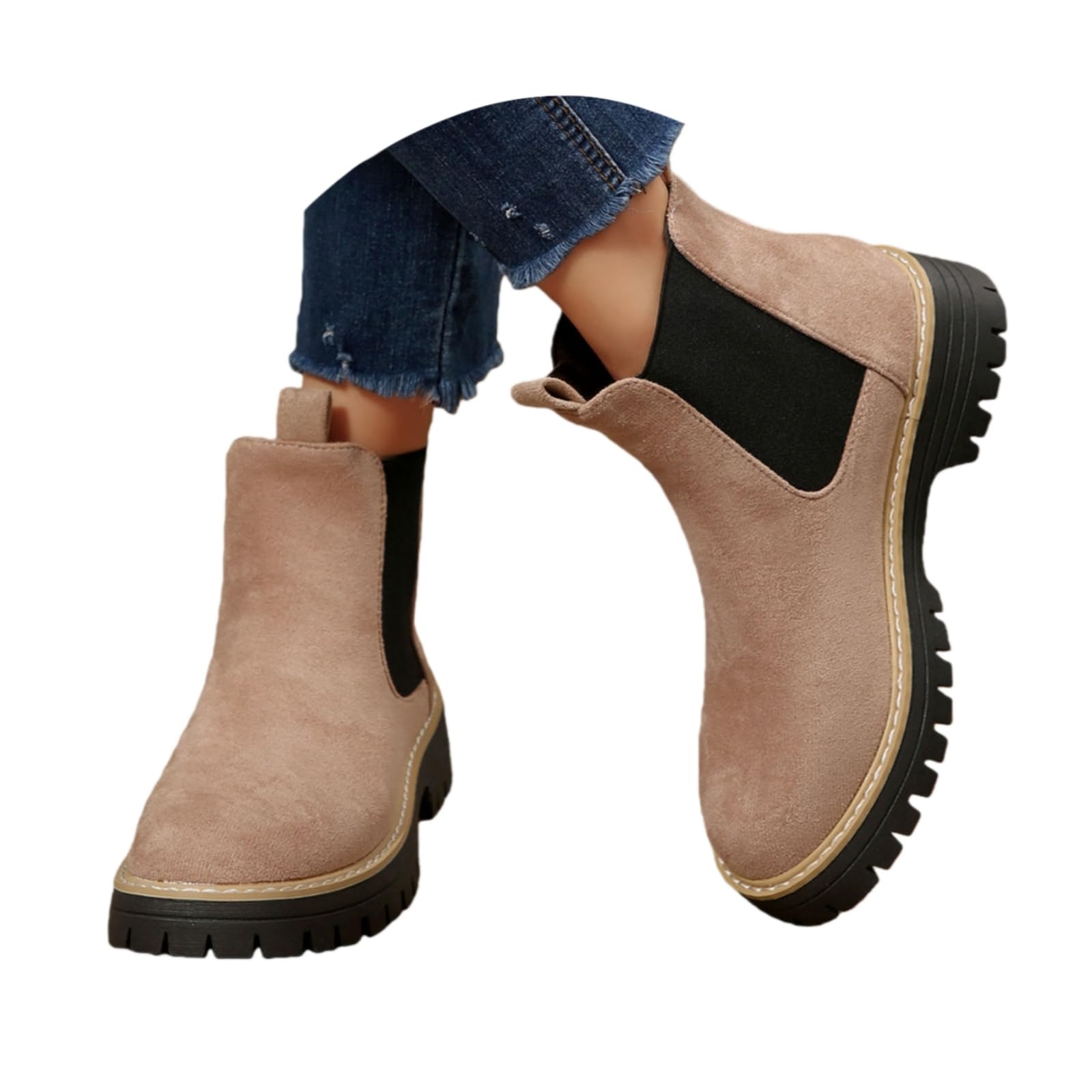 Womens Platform Combat Boots Casual Suede Pull-on Ankle Boots Lug Sole Comfortable Chelsea Boot Fall Winter Slip on