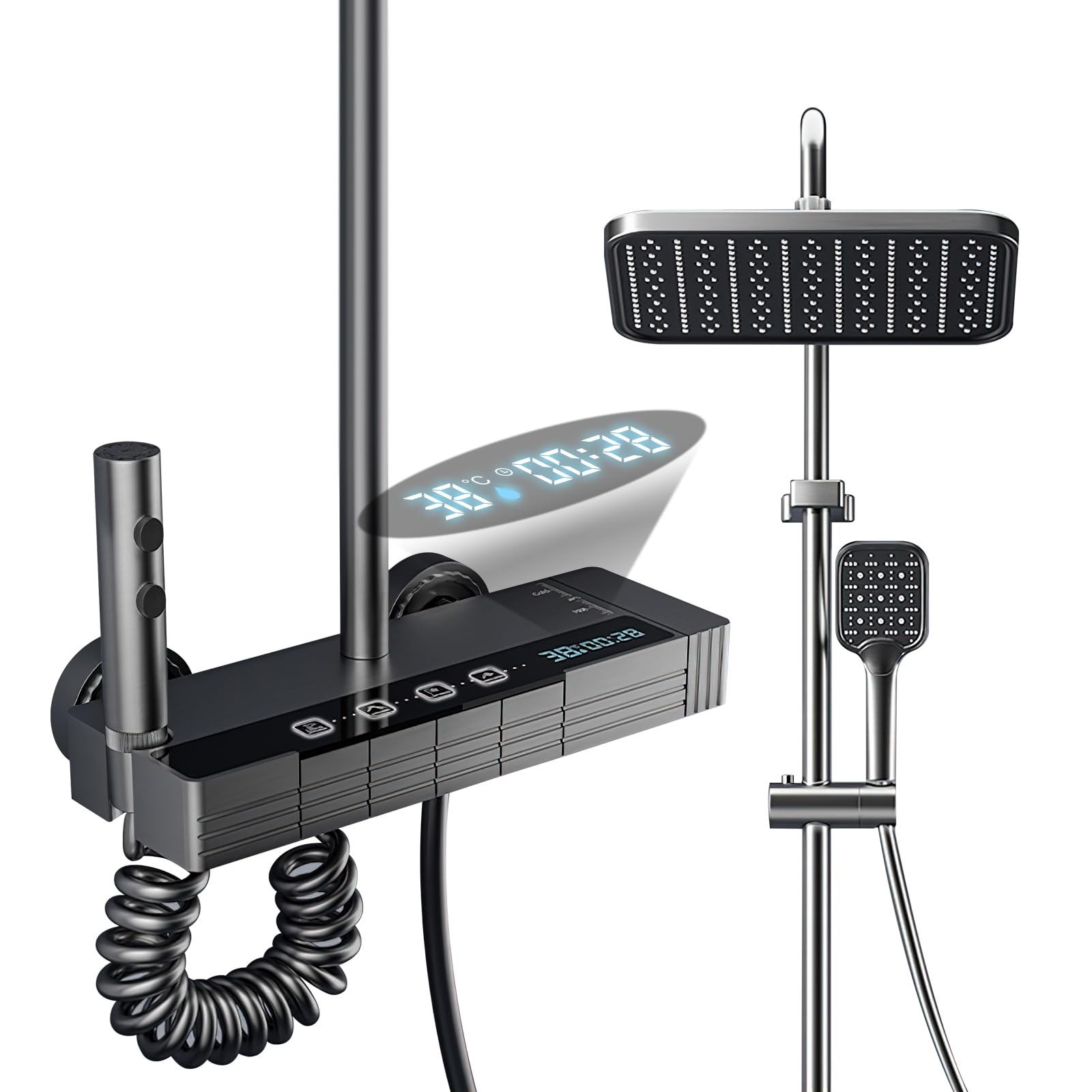 LED Display Digitale Colonna Doccia Termostatica, 80-120 cm Barra Doccia Altezza Regolabile, Colonna Doccia Con Testa Doccia 20 x 30 cm, 3 Miscelatore Doccia Con Piano (B)