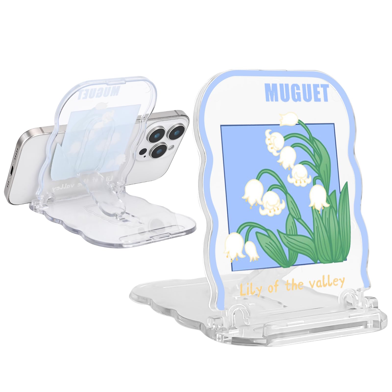 CameCosy Foldable Cell Phone Stand Holder for Desk, Pretty Lily Floral Design Clear Portable Adjustable Phone Stand Compatible for All Mobile Smart Phone/Tablets/iPad-Blue