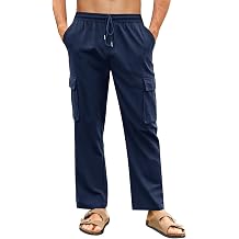 PASLTER Mens Linen Cargo Pants Lightweight Elastic Waist Drawstring Casual Loose Summer Beach Yoga Pants with Pockets
