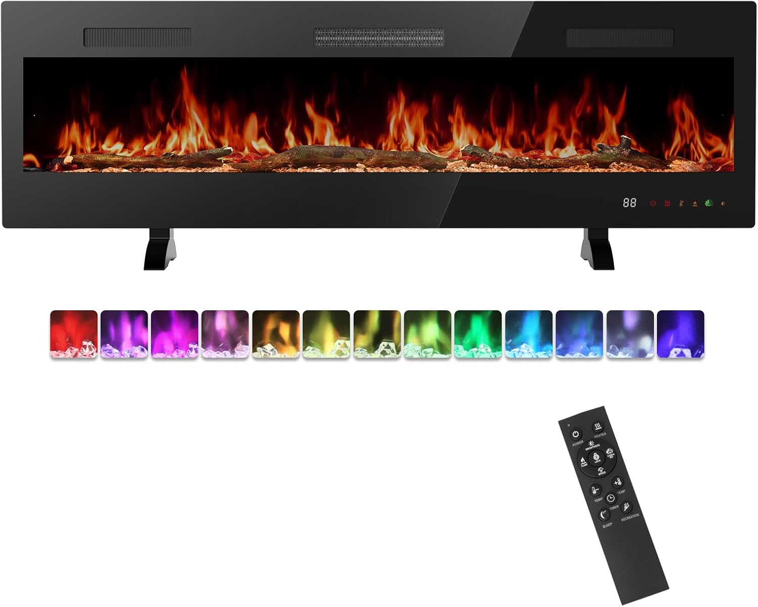 60" Electric Fireplace Insert, 1500W Wall Mounted & Recessed Fireplace Heater with Remote & Touch Screen, Adjustable Flame Color & Brightness, 12H Timer, Low Noise Electric Fireplace for Indoor Use