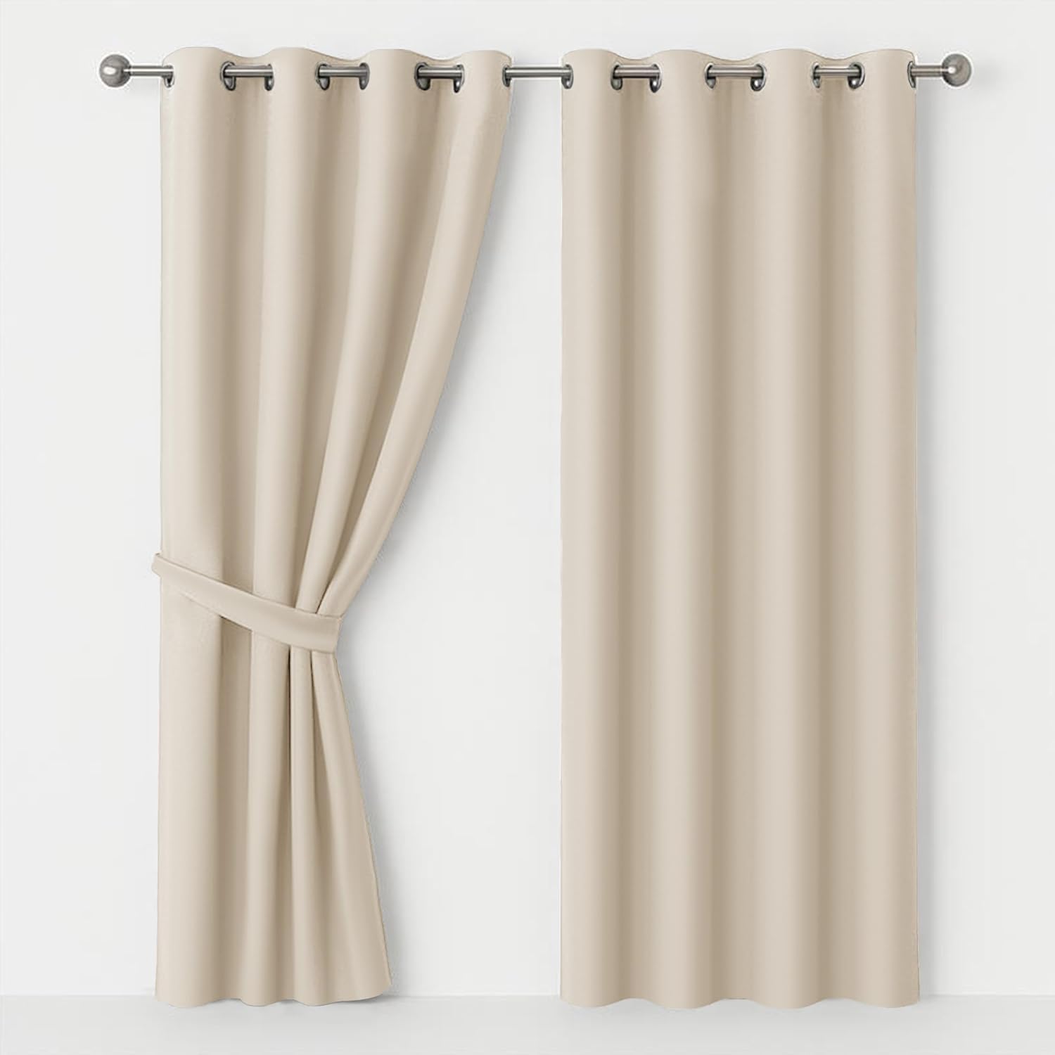 AMEHA Eyelet Blackout Curtains 66X84 Inch Super Soft Thermal Insulated Black Out Ring Top Cream Curtains for Living Room Darkening Window Treatment with Tiebacks, 2 Panels