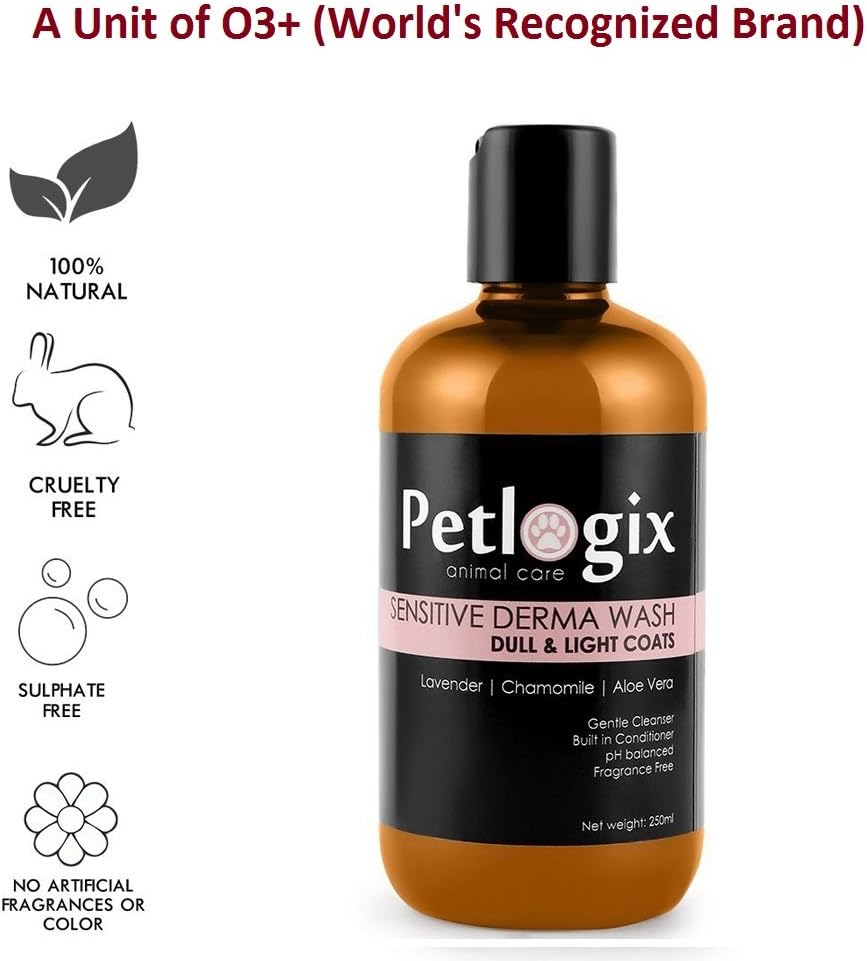 Petlogix Natural Sensitive Wash Shampoo with Built-in Conditioner for Dog & Cat Cleanser with Lavender & Aloevera Mineral Oil, SLS & Paraben Free, 250ml