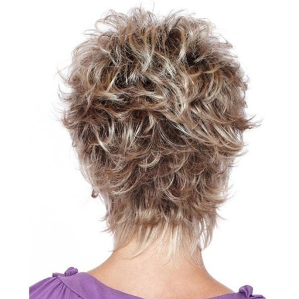 Pelucas cortas de corte pixie para mujer, pelucas de pelo completo sintético natural en capas para mujer, pelucas Ombre de cosplay de uso diario (Marrón Mezcla Gris)