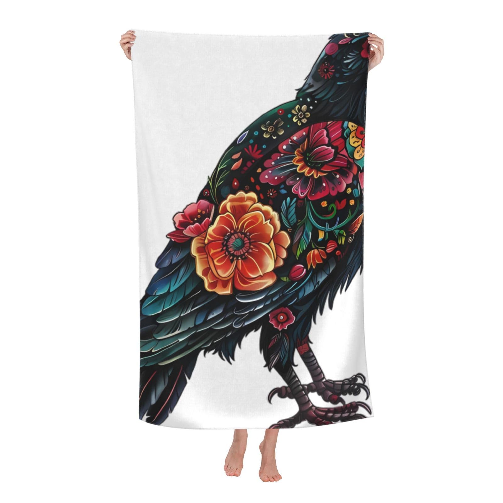 LSRCPD Beach Towel Crow in Sugar Skull Flower Pattern Microfiber Beach Towels Blanket Oversized Tropical Big Extra Large XL Pool Towels Quick Dry Sandproof for Women Girls Kids