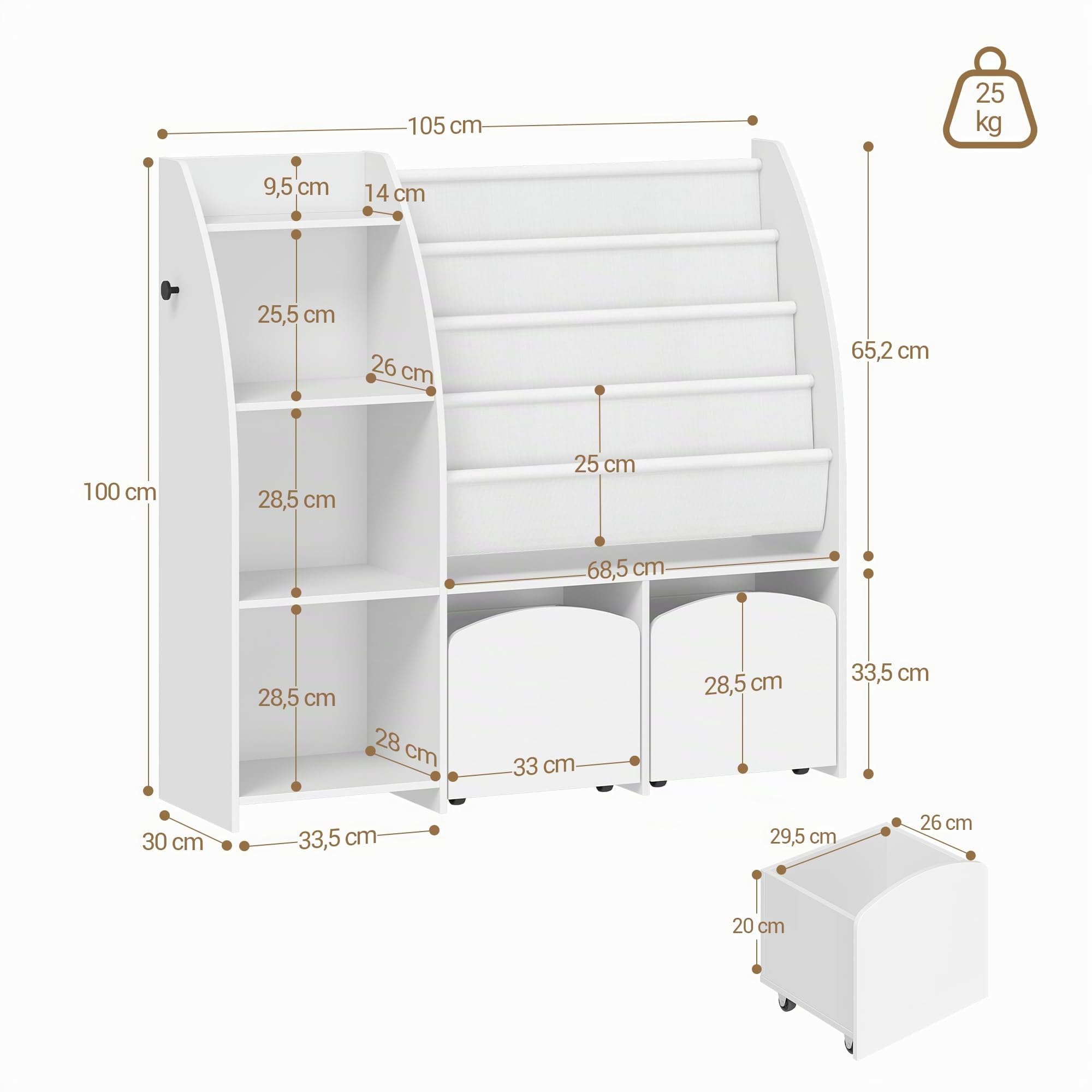 Hzuaneri Bibliothèque Enfant avec Porte-journaux, Meuble Rangement Enfant, Étagère à Jouets avec 2 colonnes, 4 étagères, 30 x 105 x 100 cm, Blanc KB12003W