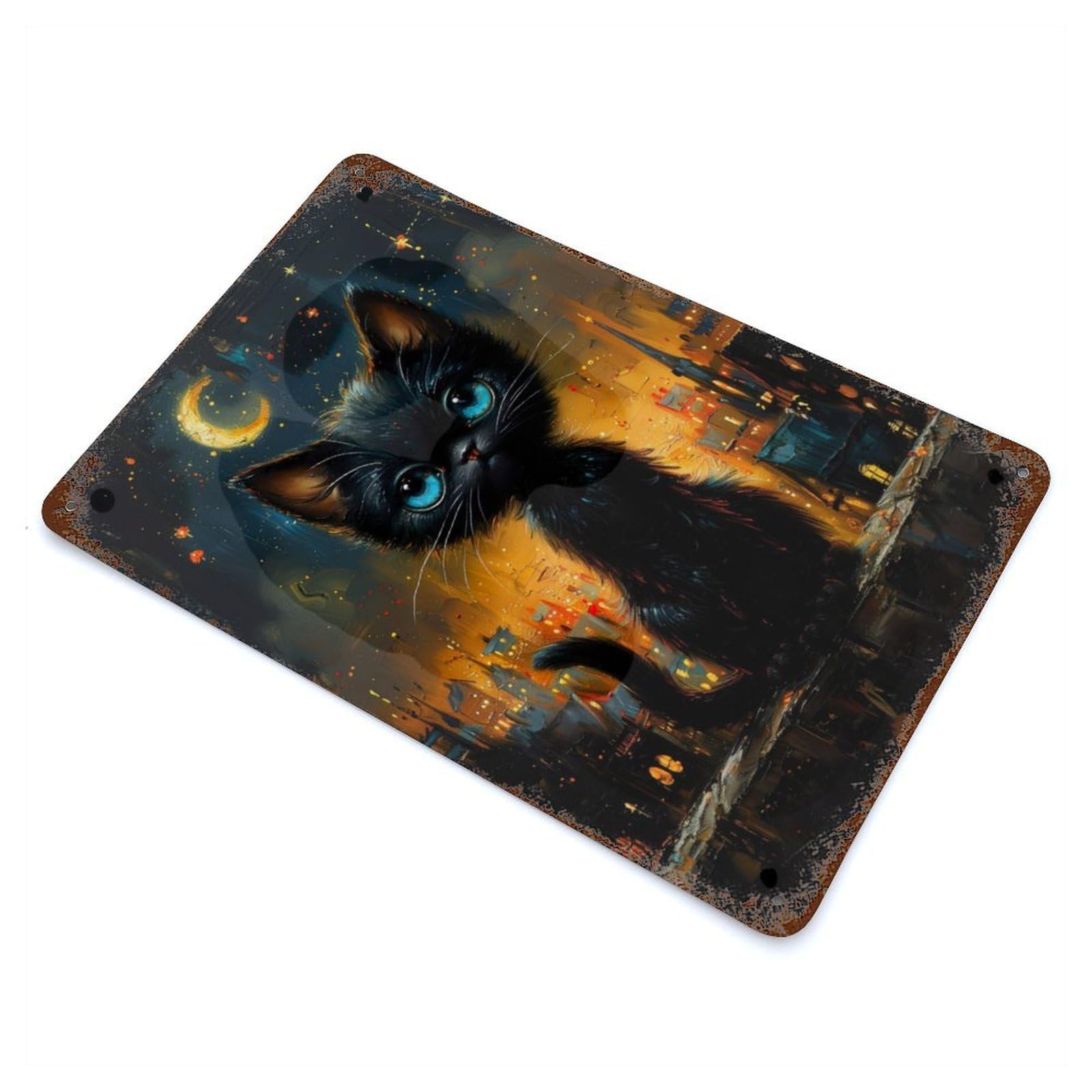 Cat Under Moonlight Rusty Metal Tin Sign 11.8"x7.9", Ideal for Patio, Garden Room And Bar Decor