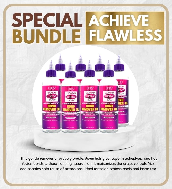 EBIN NEW YORK 8x Wonder Weave Bond Remover Oil Bundle - Quick & Safe Hair Extension Glue Removal with Grape Seed Oil for Weaves, Hot Infusion, and Tape-In Extensions – Gift Set (8 Items)