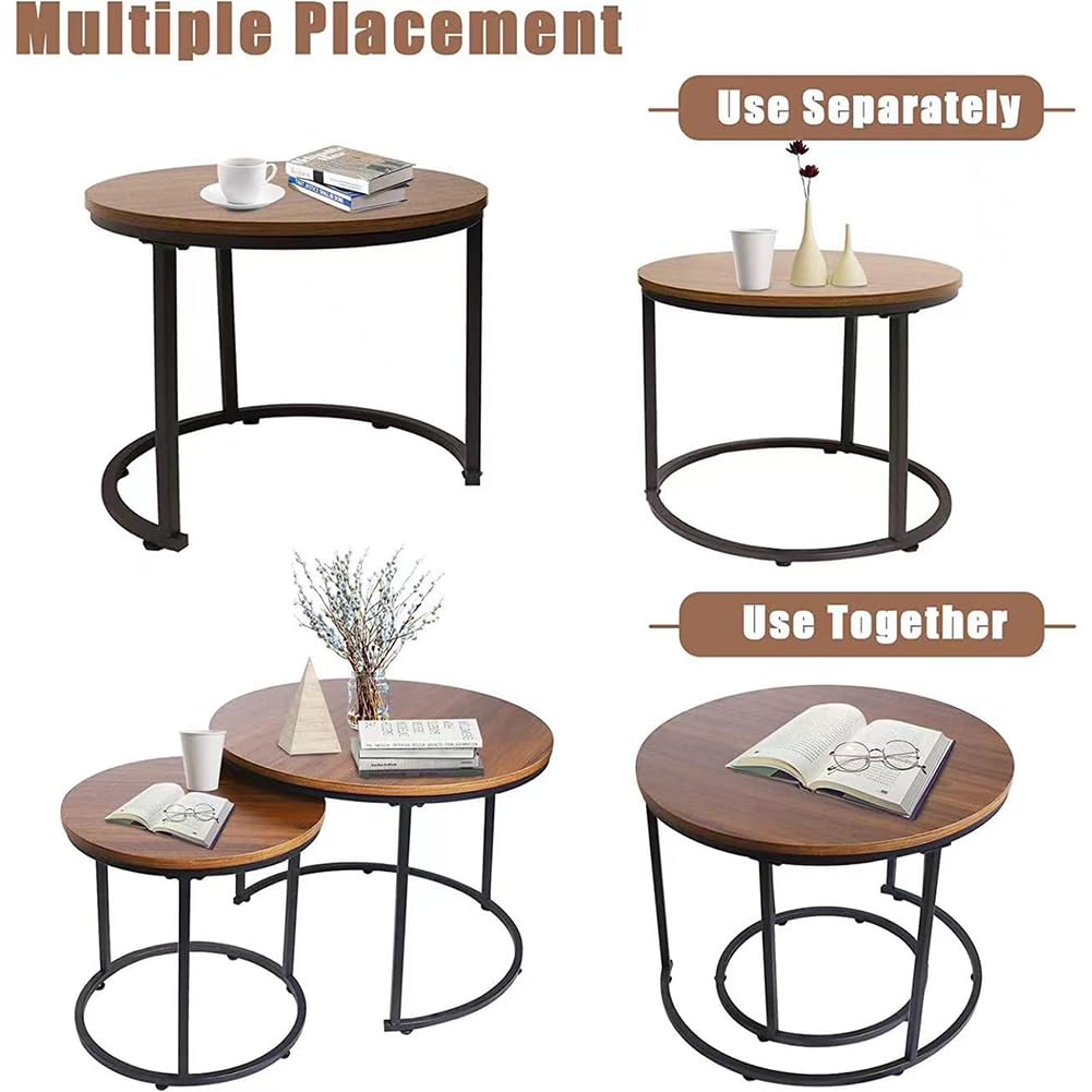 BAKAJI Set 2 Tavolini da salotto ad Incastro, Forma Rotonda con Struttura in Metallo Nero e Piano in legno Noce, Tavoli da Caffè Salvaspazio Design Industrial, Soggiorno, Casa, Ufficio (Design 2)