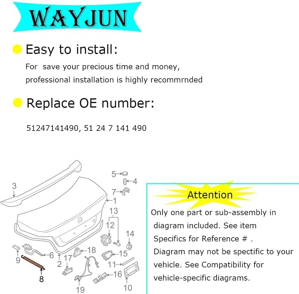 WayJun 51247141490 Right Trunk Lid Lift Support Shock with Spring Tension Spring Compatible with E60 525i 530i 545i 525xi 530xi 550i M5 528i 528xi 535i 535xi xDrive Sedan
