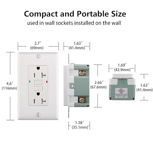 Miniatura 7 de Wengart Toma GFCI, 1 paquete, 20 amperios, 125 voltios, 60 Hz, receptáculo GFCI, grado residencial y comercial, listado UL y CUL blanco