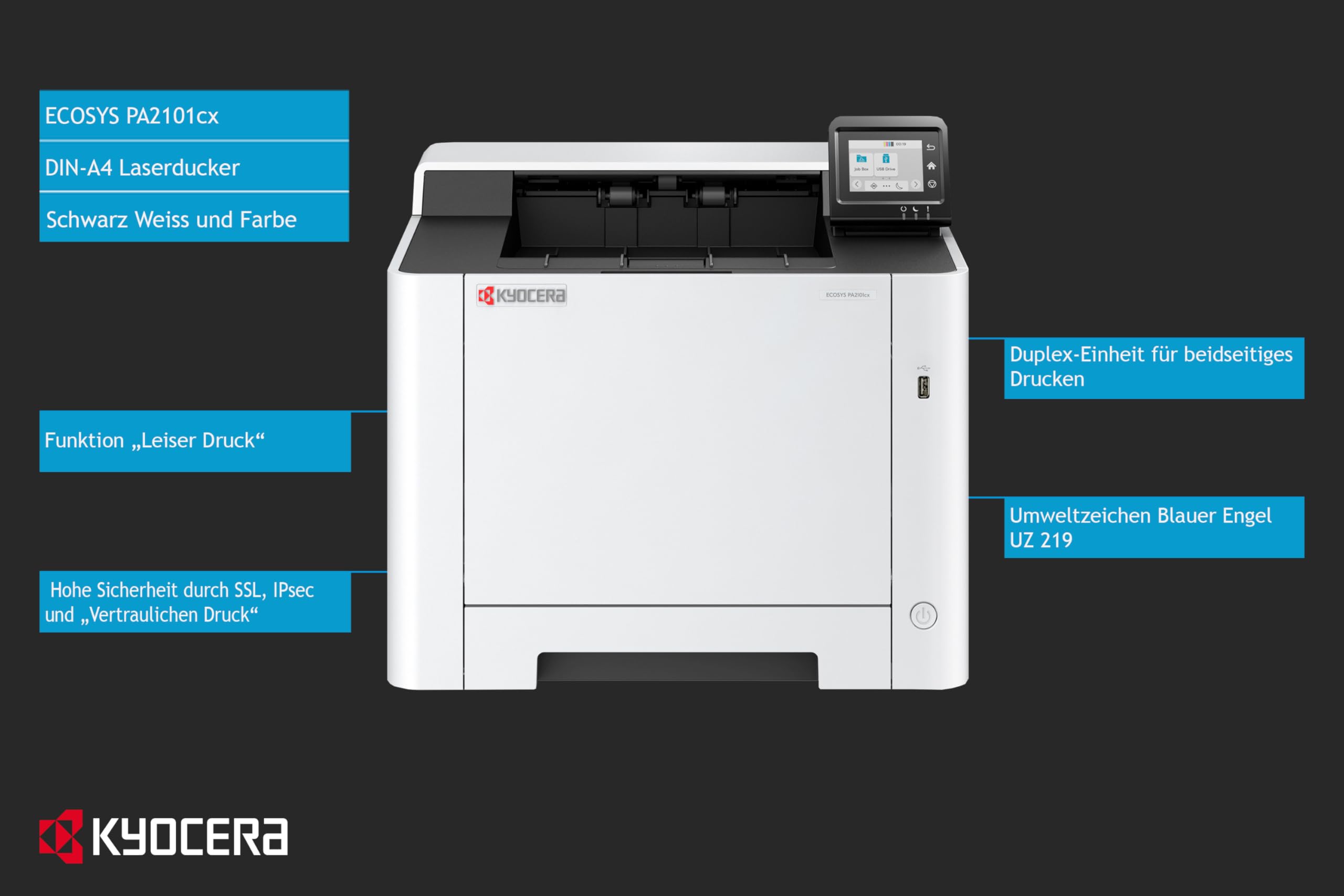 Kyocera Ecosys PA2101cx Laserdrucker Farbe. Farbdrucker mit 21 Seiten pro Minute. Farblaserdrucker inkl. schwenkbarem Touchpanel, LAN, USB 2.0 und Mobile-Print-Unterstützung