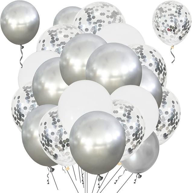 BONLL 50 Pcs Silver White Balloons Set,12 Inch Metallic Silver Confetti Balloons White Latex Party Balloons for Wedding Birthday Party Bridal Shower Baby Shower Birthday Party Decorations Supplies