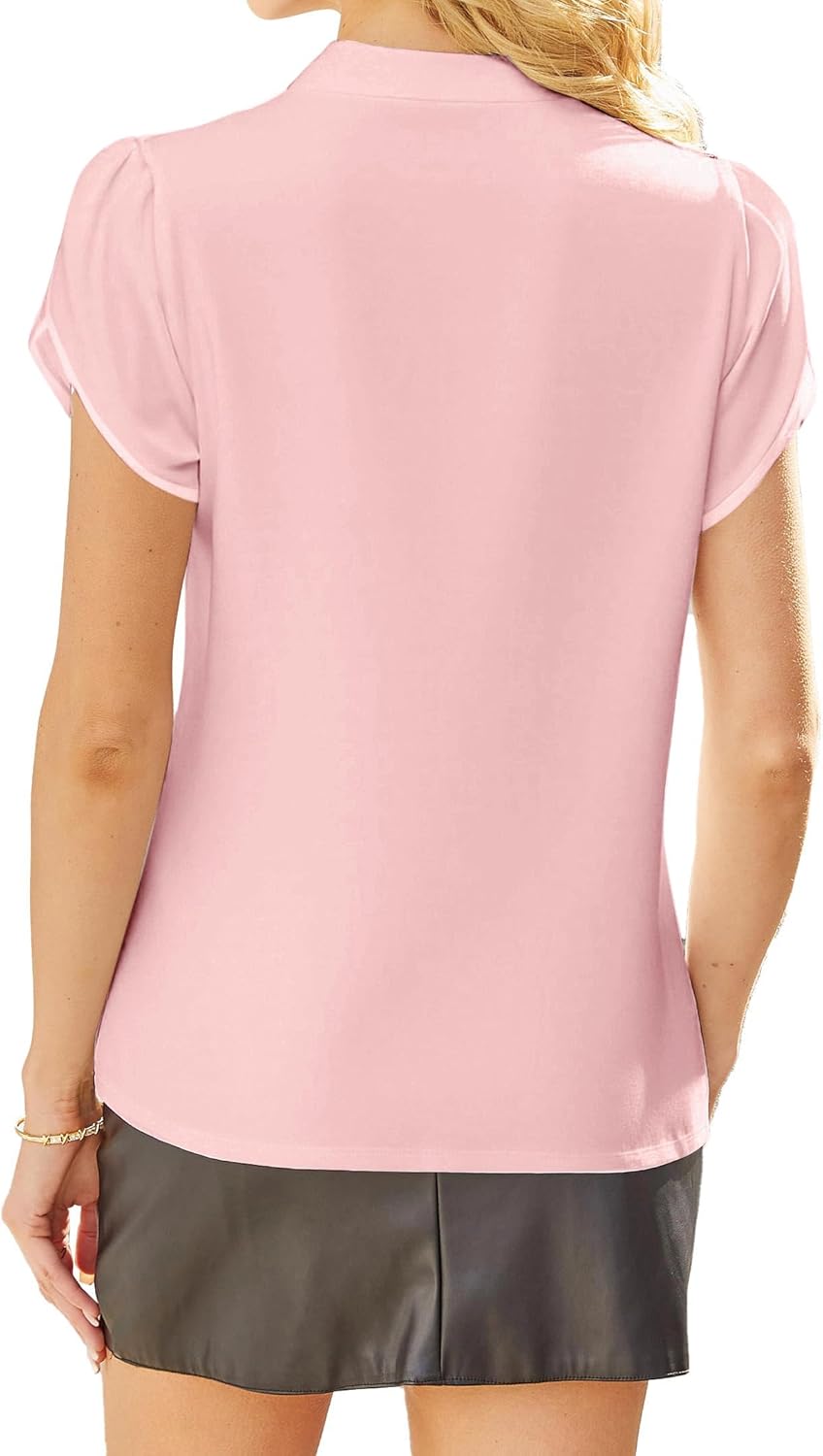 Avanova Women Short Sleeve Blouses Tie Neck Petal Tulip Sleeve Tops Work Business Shirts - Image 2