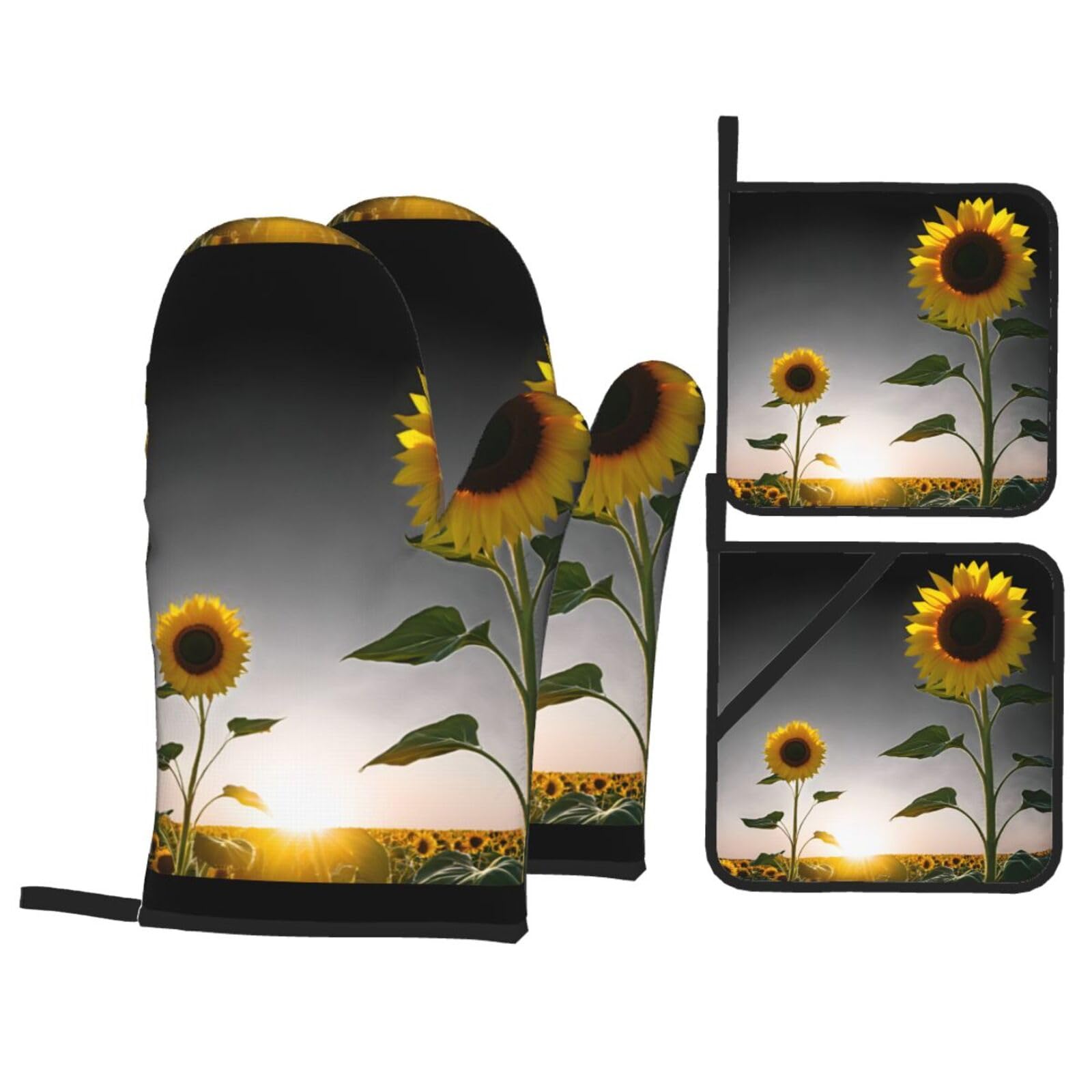 YYHWHJDE Sunflower at Sunset Printed Kitchen Baking Set of 4 Thick Insulated Oven Mitt & Pot Holders, Anti-Scalding for Microwave, Oven, Outdoor BBQ