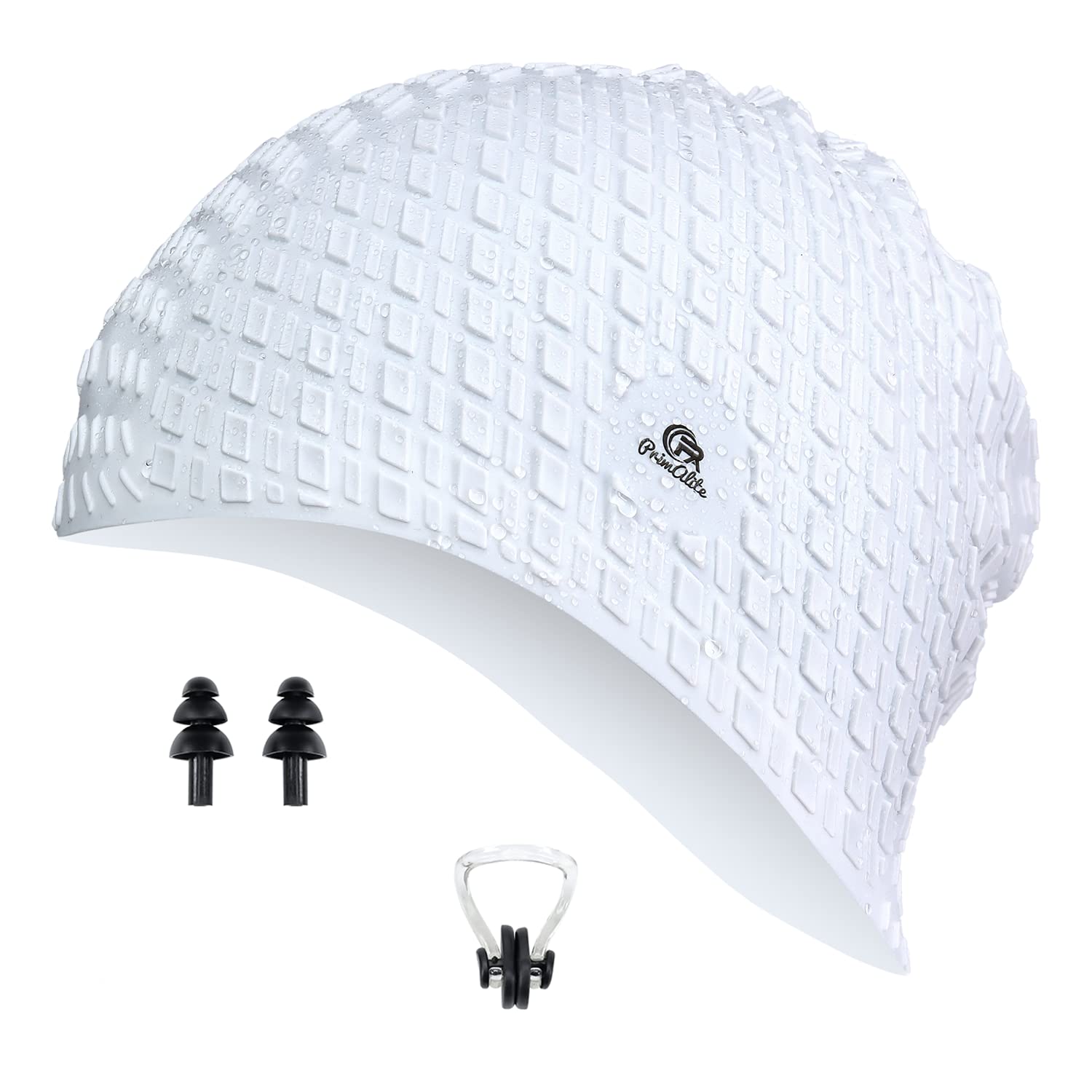 Primalite Silicone Swimming Cap with Nose Clip & Ear Plug- Long & Short Hair, Cover Ears to Keep Hair Dry, Waterproof Swim Caps, Anti-Slip Comfortable High Elasticity- Adults Men Women Kids- White-image-41