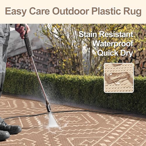 Image of Wonnitar Outdoor Rugs 8x10 Waterproof Plastic Straw Rug, Large Outdoor Camping Rug for RV, Reversible Portable Outside Lightweight Area Rug for Backyard Balcony Beach Picnic (Beige & Brown,8'x10')