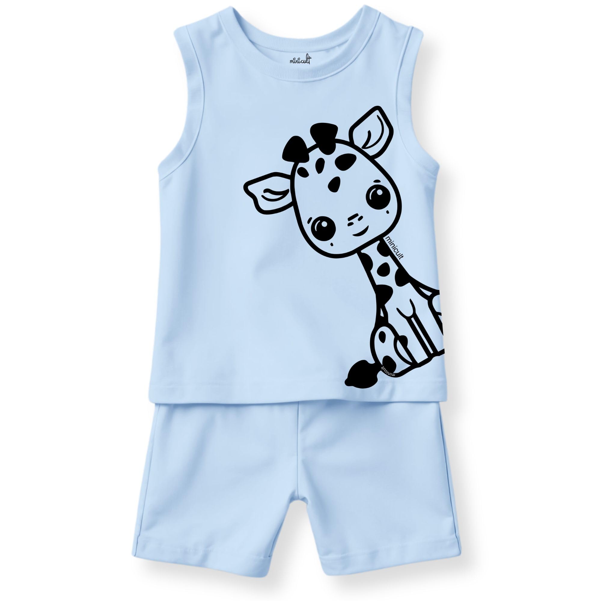 minicult Kids Matching Cotton Vest and Shorts coords with cute animal Prints(Giraffe)(7-8 Years)