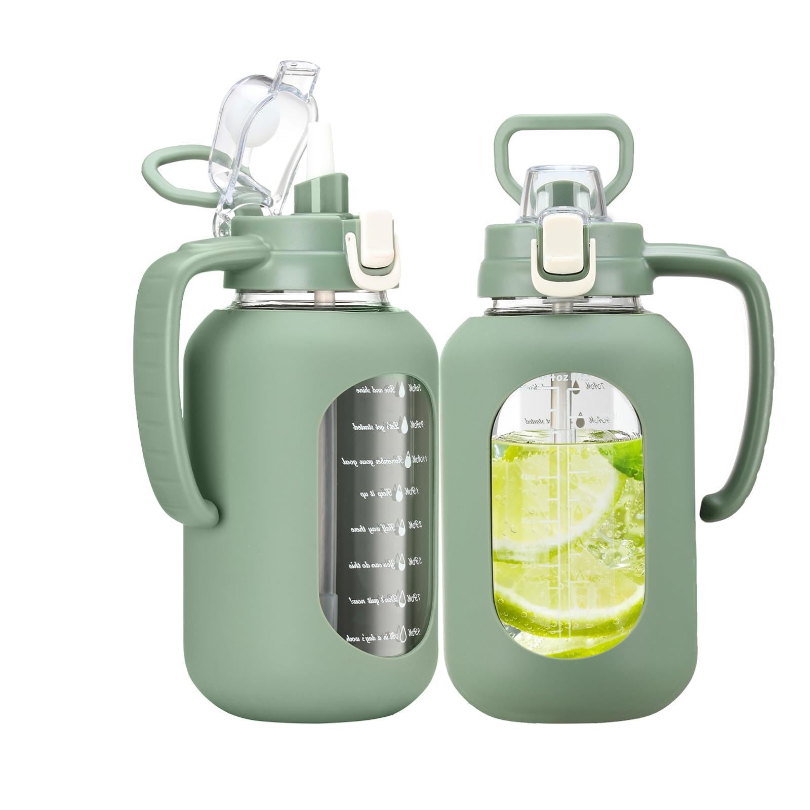 SIEROZUR 64 oz Glass Water Bottle with Handle in Olive