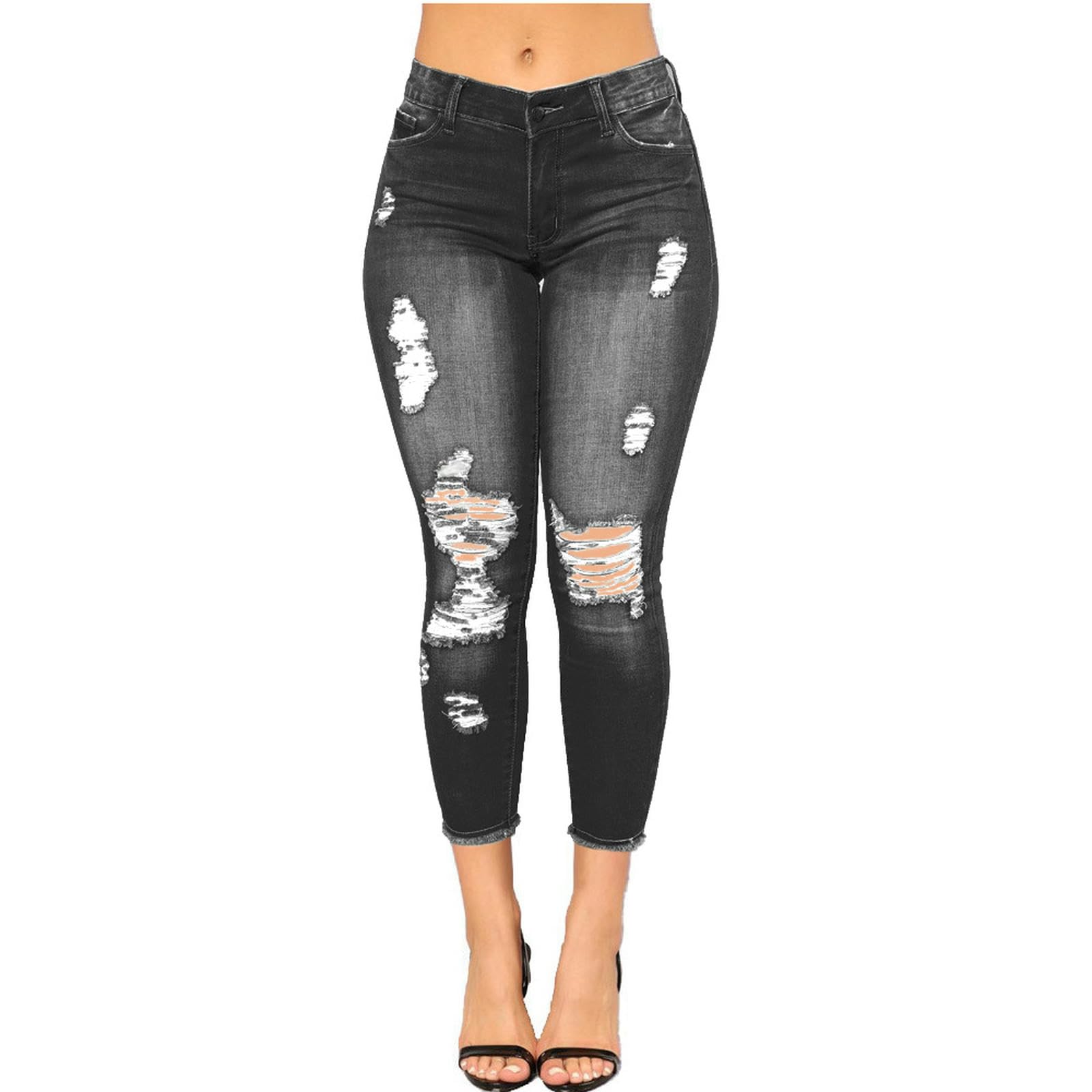 Jeans da Donna Skinny Elasticizzati Strappati Donna, A Vita Media Invecchiati-Nero-XL