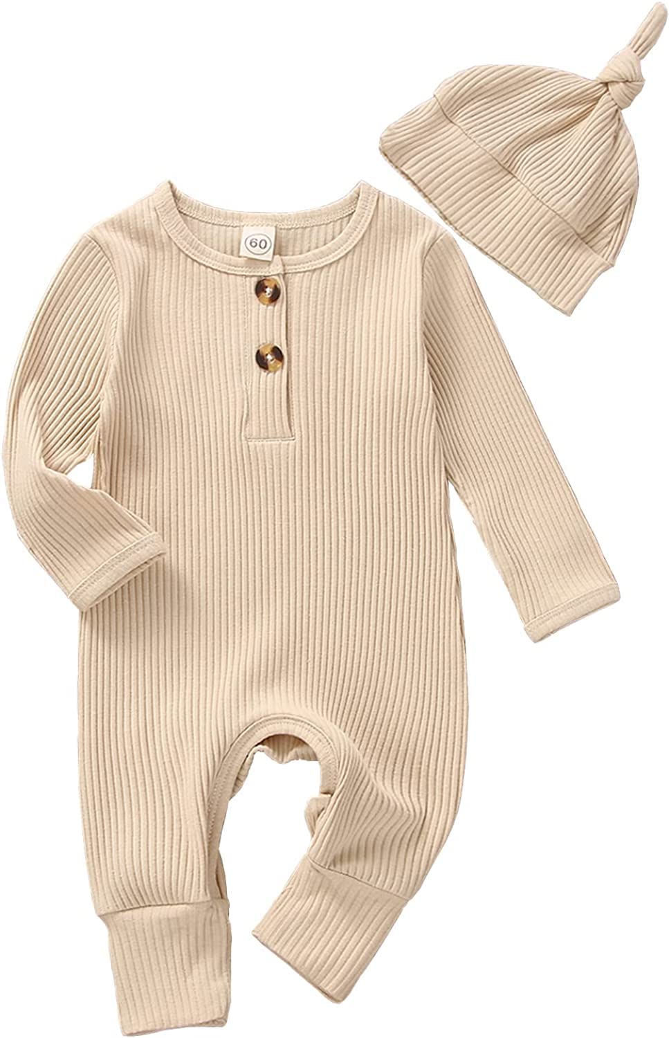 BULINGNA Newborn Infant Baby Boy Girl Long Sleeve Knit Ribbed Jumpsuit Solid Color Gender Neutral Baby Clothes with Hat (Beige, 0-3 Months)