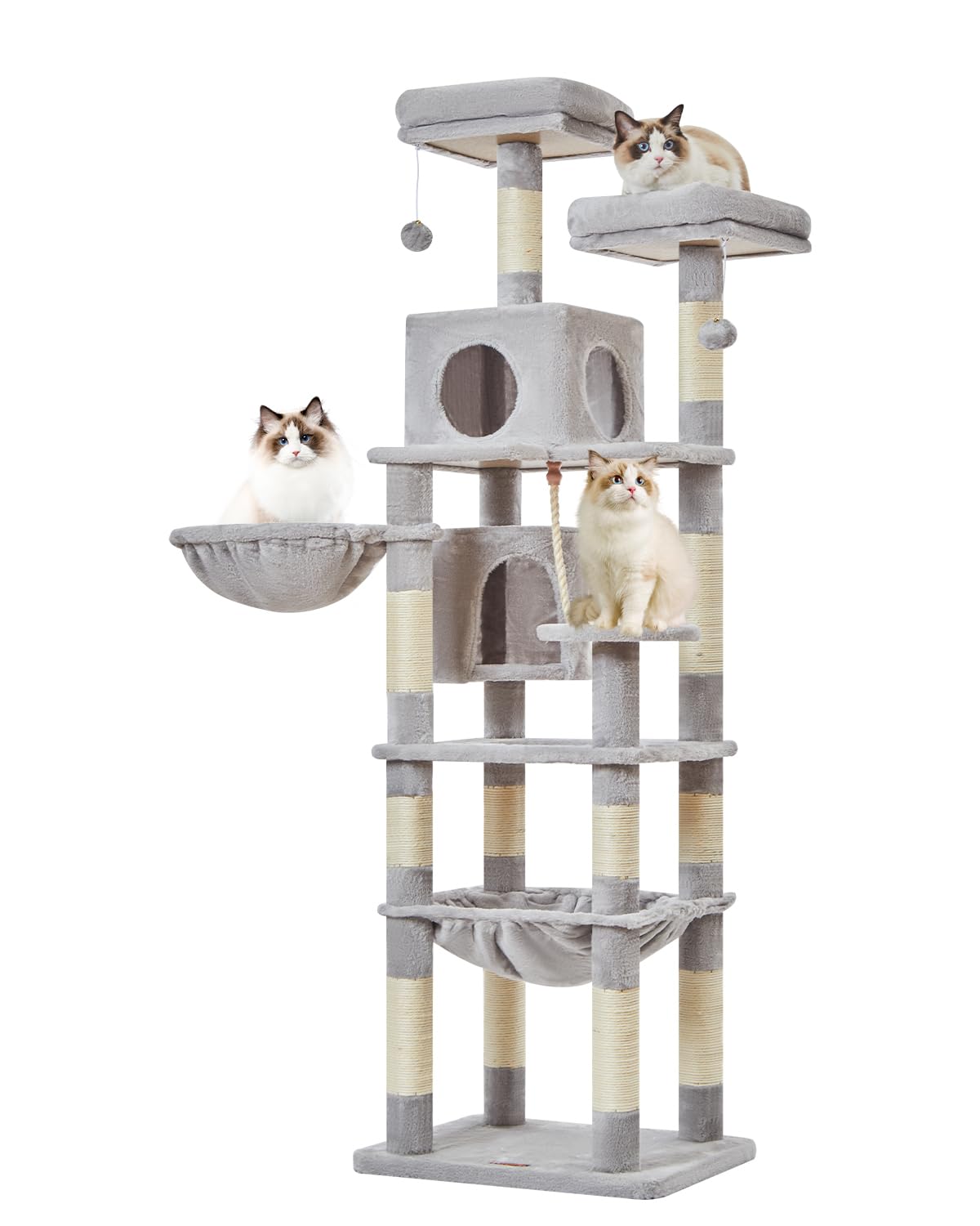 71-Inch Large Cat Tree for Large Cats, Plush Multi-Level Cat Condo with 12 Scratching Posts, 2 Perches, 2Caves, Hammock, 2 Pompoms, Scratch Board for Indoor Cats -MS023LW Light Gray