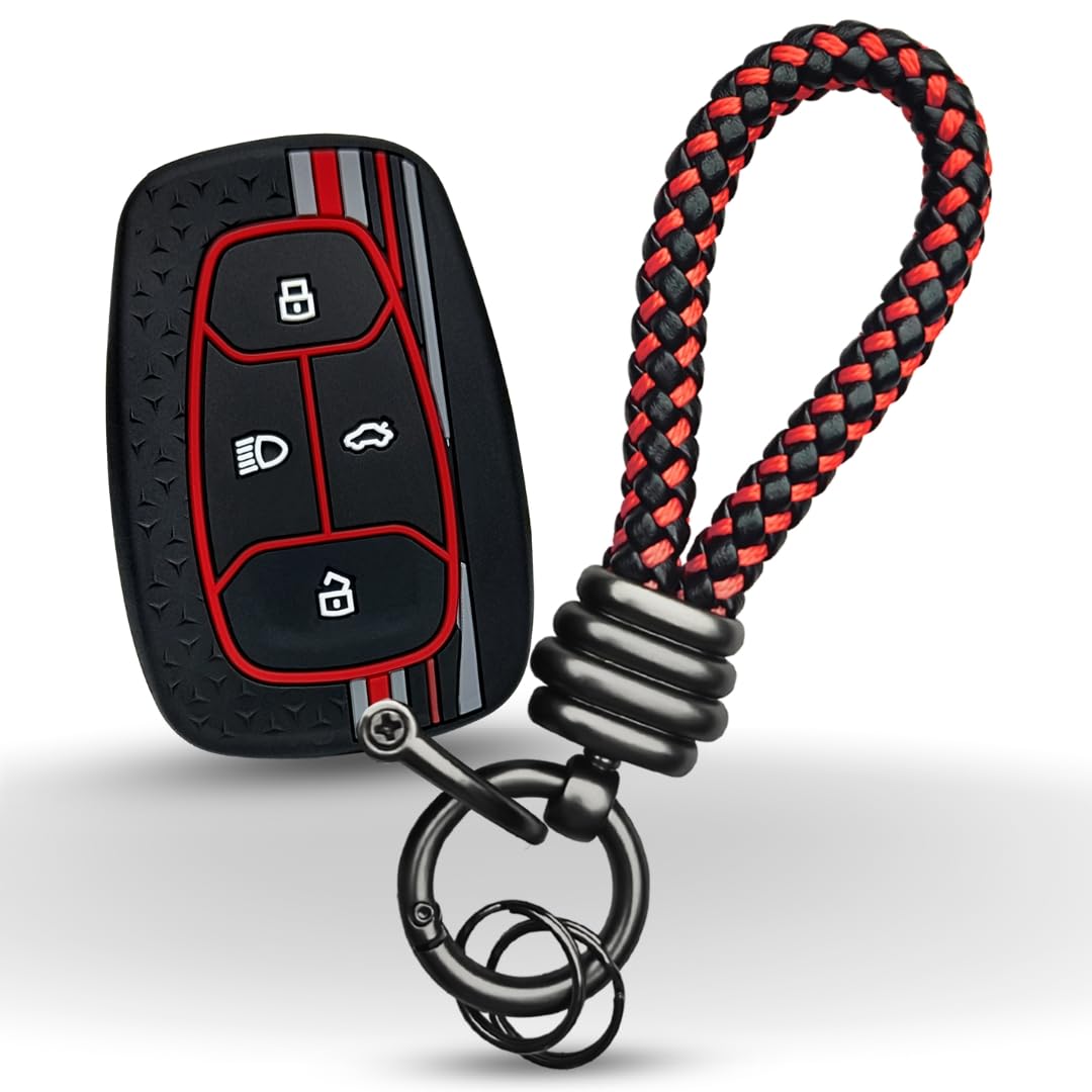 KEYCEPT Tristar Silicone Key Cover for Tata Nexon | Curvv | Altroz | Harrier | Punch | EV | Safari and Facelift 4 Button Smart Key with Keychain (Tristar K3).