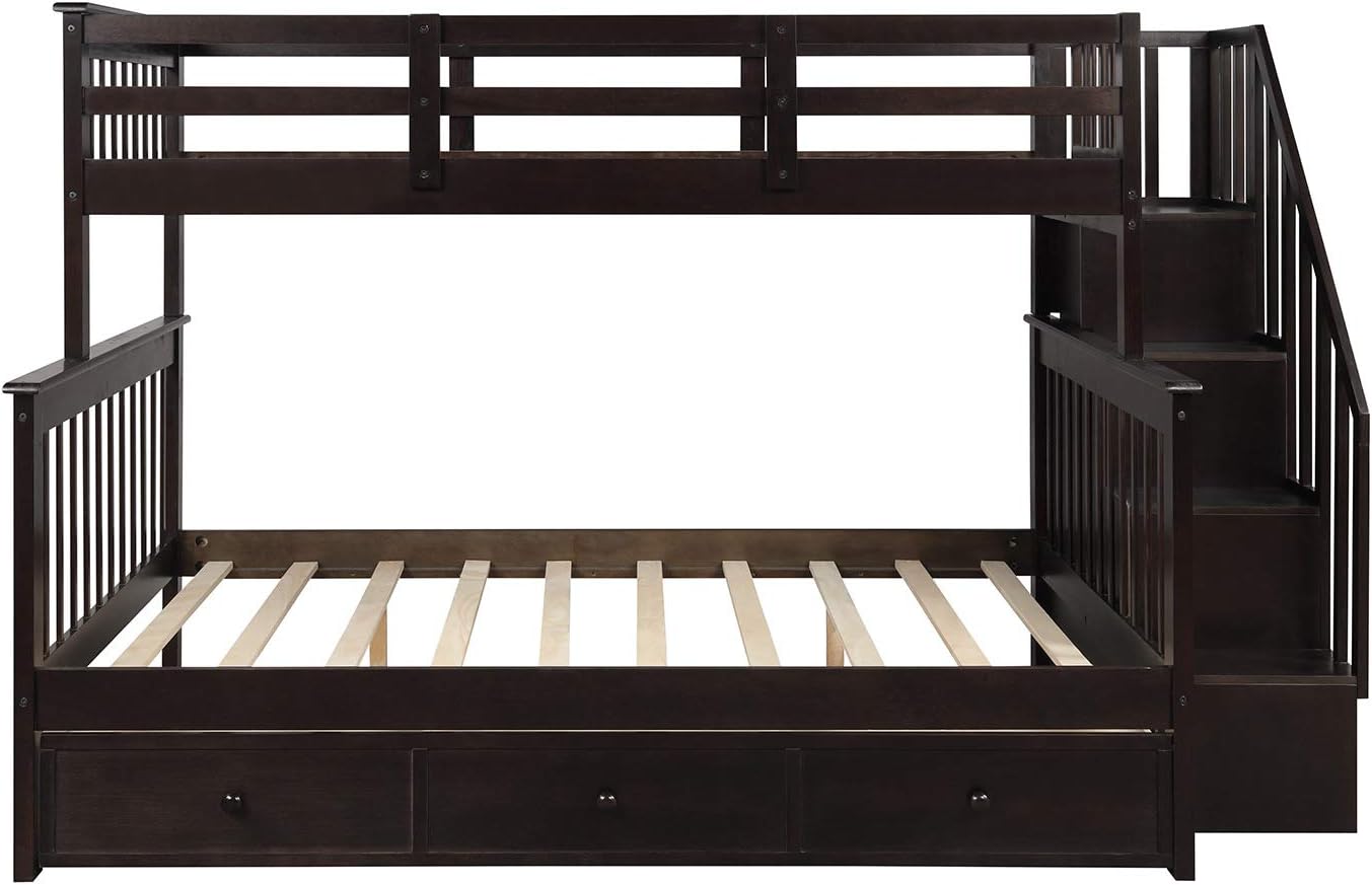 Twin Over Full Bunk Bed with Stair and Storage Drawers Wood Bunked Frame for Kids Teens Girls Boys, Espresso