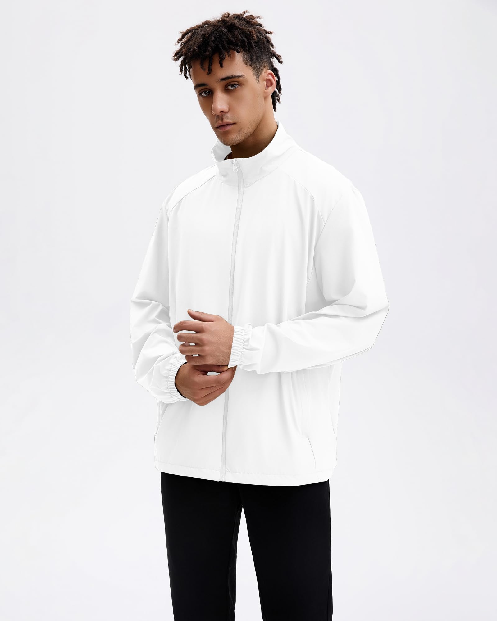 Locachy Men's UPF 50+ Sun Protection Lightweight Outdoor Full Zip Stand Collar Windproof Athletic Running Jackets White M