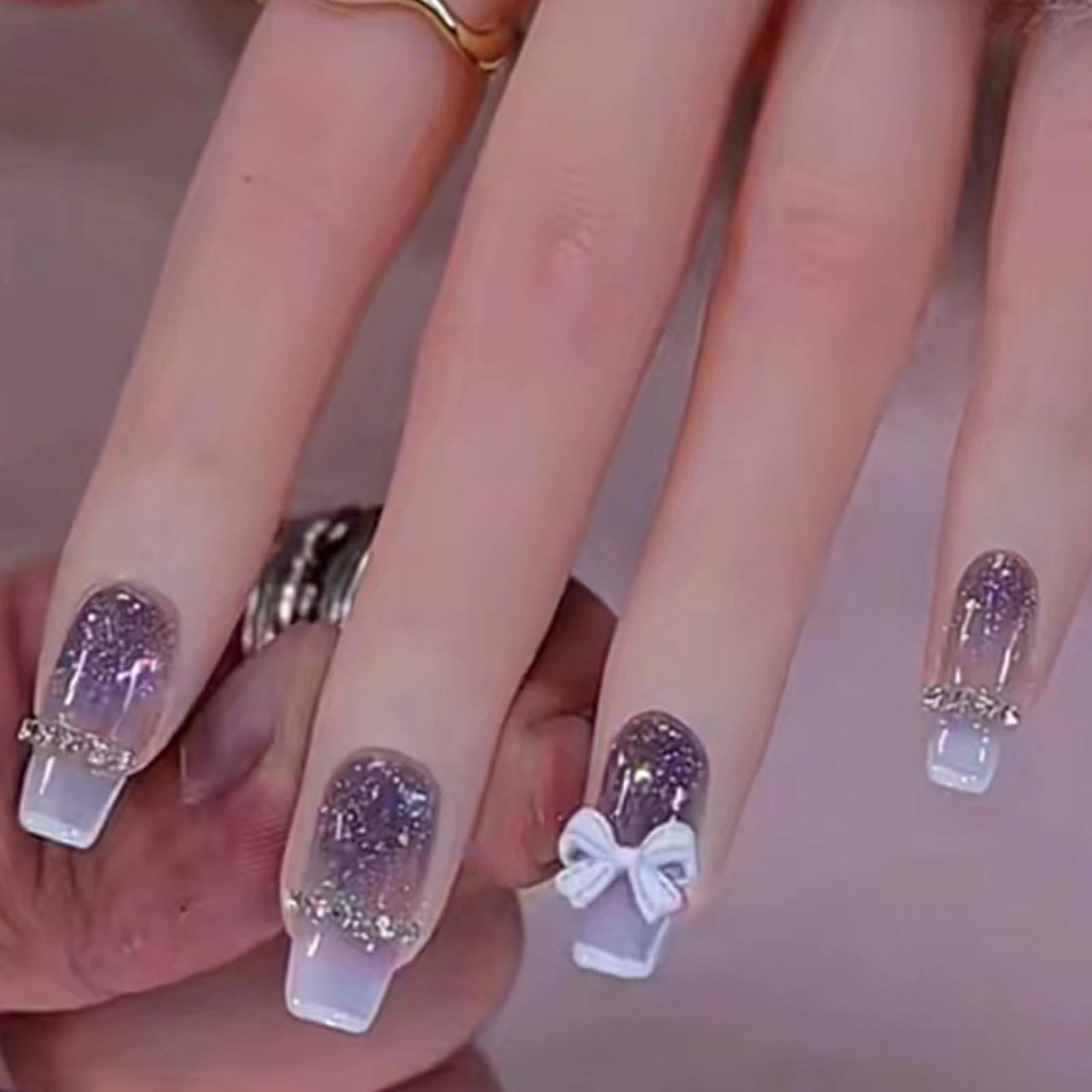 Hkanlre Medium Coffin Bow Press on Nails Bling Fake Nails Tips Full Cover Dark Purple False Gradient Nails for Women 24PCS